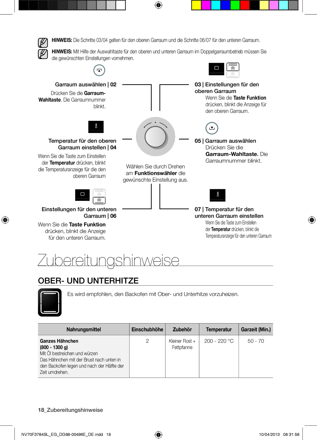 Samsung NV70F3784LS/EG manual Zubereitungshinweise, OBER- UND Unterhitze, Nahrungsmittel, Zubehör 