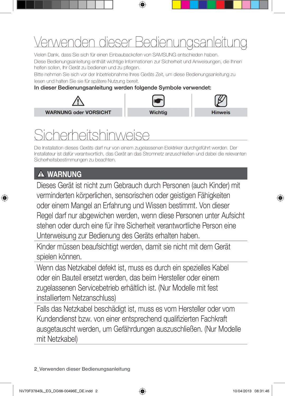 Samsung NV70F3784LS/EG manual Sicherheitshinweise, Warnung oder Vorsicht Wichtig Hinweis 