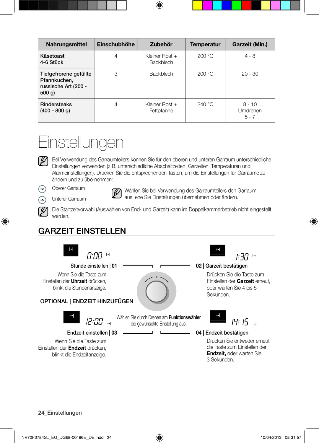 Samsung NV70F3784LS/EG manual Einstellungen, Garzeit Einstellen 