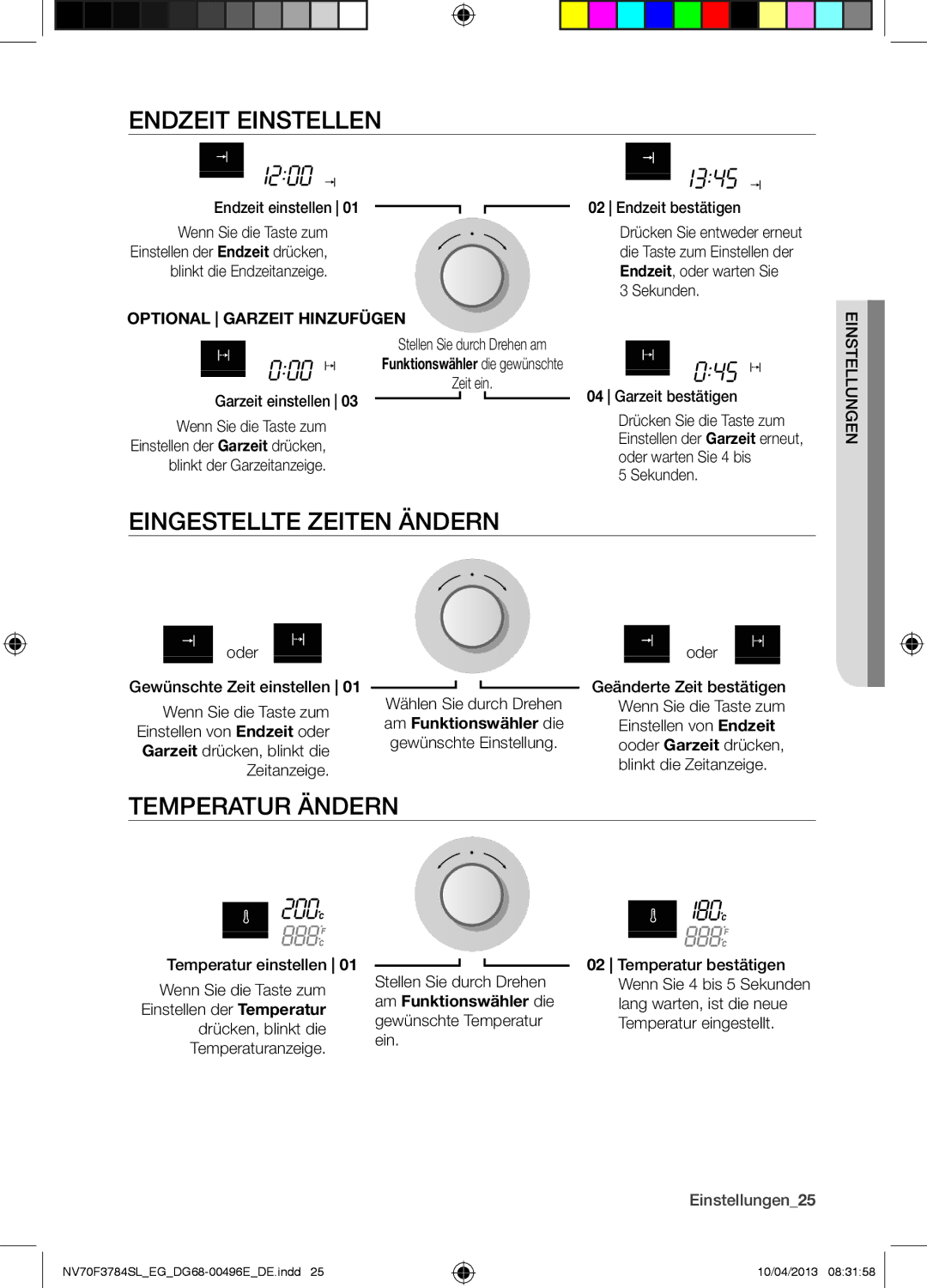 Samsung NV70F3784LS/EG Endzeit Einstellen, Eingestellte Zeiten Ändern, Temperatur Ändern, Funktionswähler die gewünschte 