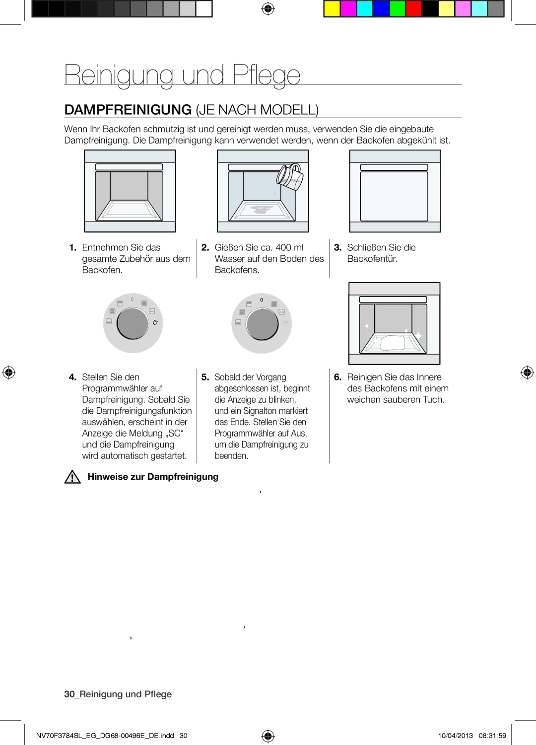 Samsung NV70F3784LS/EG manual Reinigung und Pflege, Dampfreinigung JE Nach Modell, Hinweise zur Dampfreinigung 