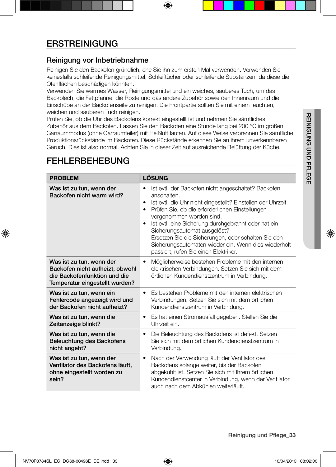 Samsung NV70F3784LS/EG manual Erstreinigung, Fehlerbehebung, Passiert, rufen Sie einen Elektriker 