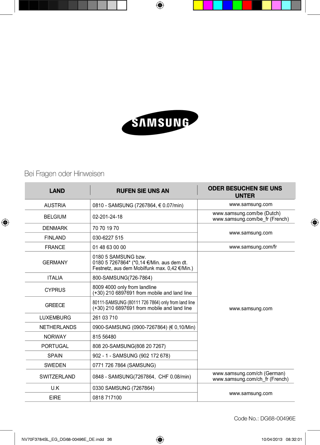 Samsung NV70F3784LS/EG manual Bei Fragen oder Hinweisen, Code No. DG68-00496E 