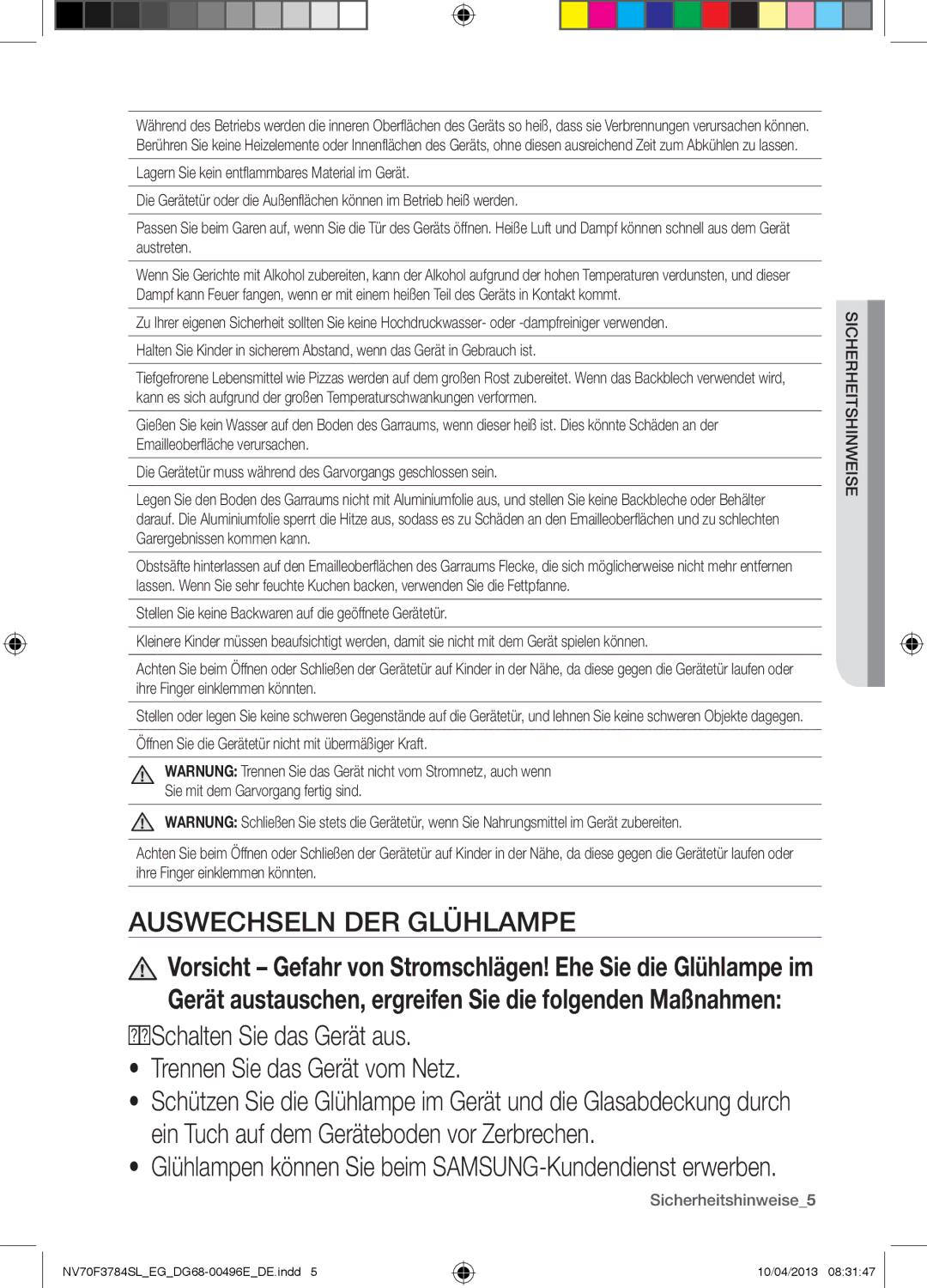 Samsung NV70F3784LS/EG manual Auswechseln DER Glühlampe 