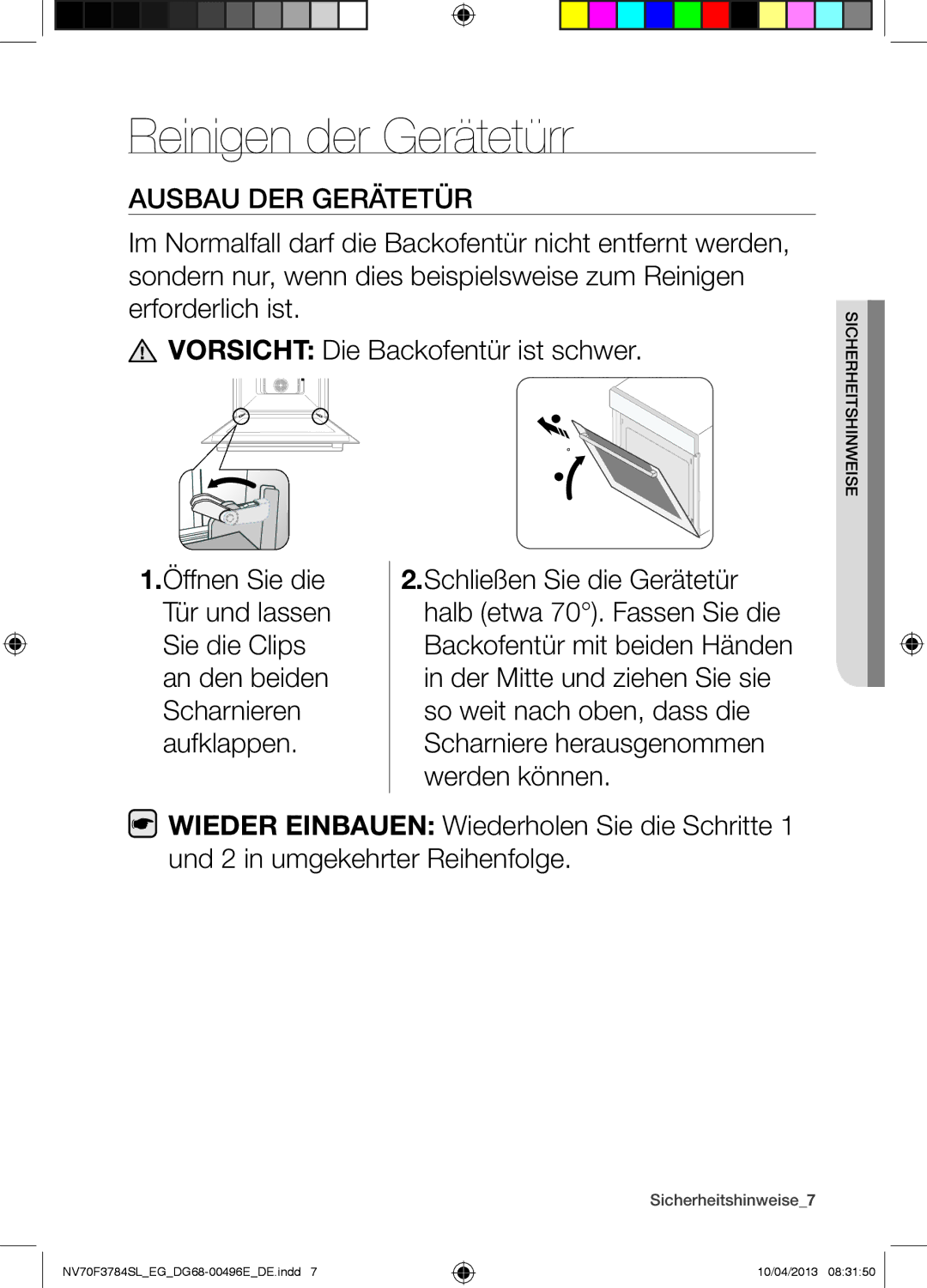 Samsung NV70F3784LS/EG manual Reinigen der Gerätetürr, Ausbau DER Gerätetür 