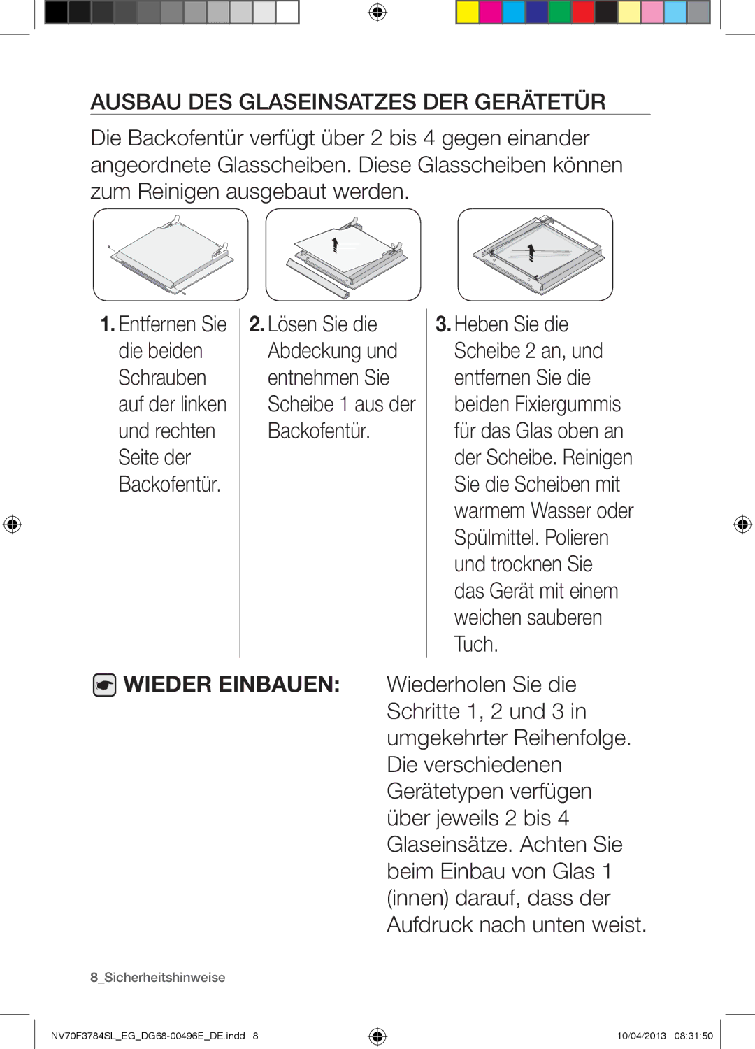 Samsung NV70F3784LS/EG manual Wieder Einbauen 