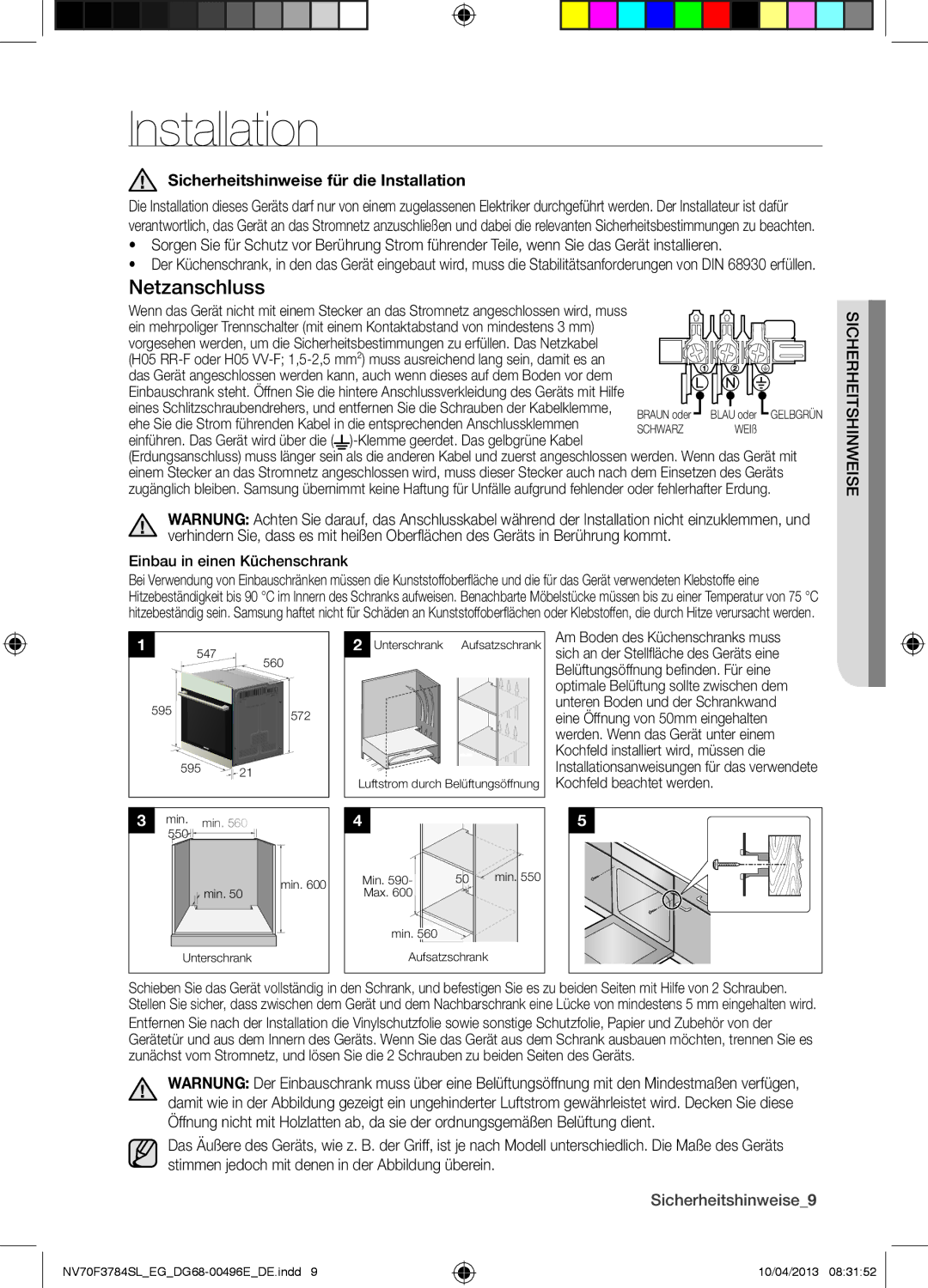 Samsung NV70F3784LS/EG manual Sicherheitshinweise für die Installation 