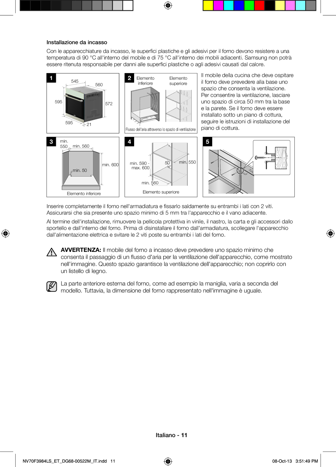 Samsung NV70F3984LS/ET manual Installazione da incasso 