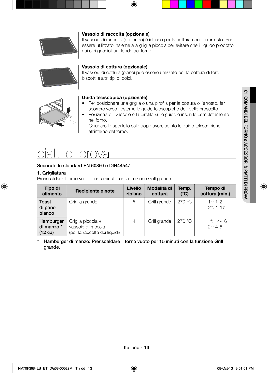 Samsung NV70F3984LS/ET manual Piatti di prova, Vassoio di raccolta opzionale, Vassoio di cottura opzionale, Grigliatura 