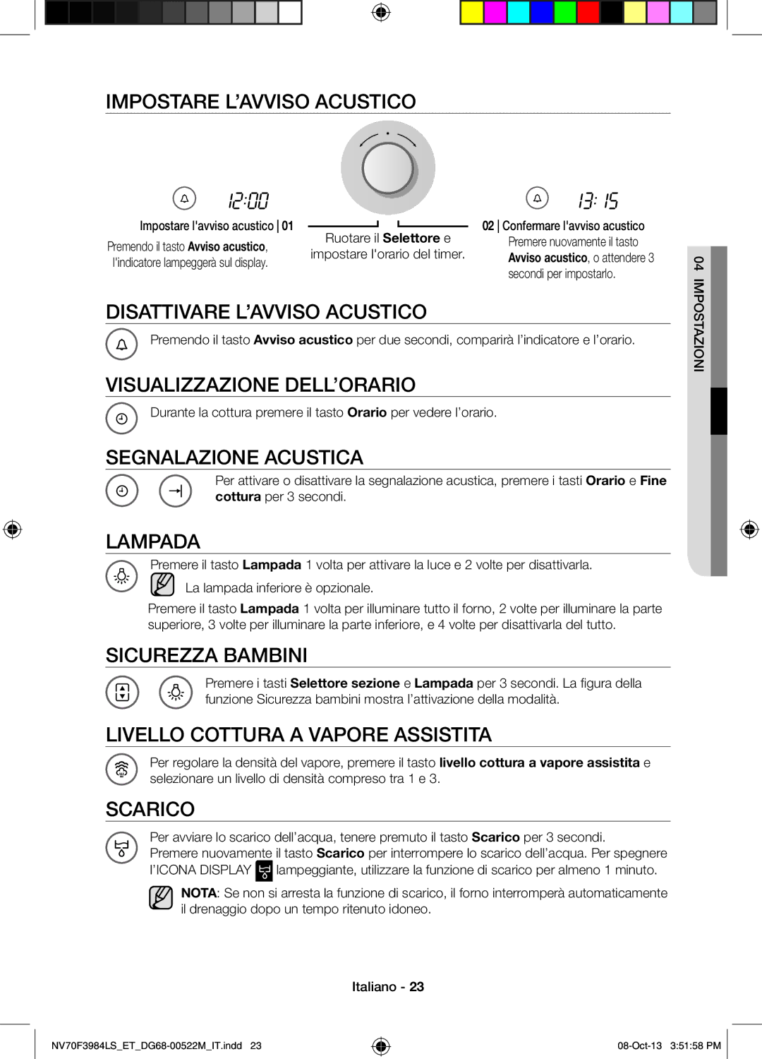 Samsung NV70F3984LS/ET Impostare L’AVVISO Acustico, Disattivare L’AVVISO Acustico, Visualizzazione DELL’ORARIO, Lampada 