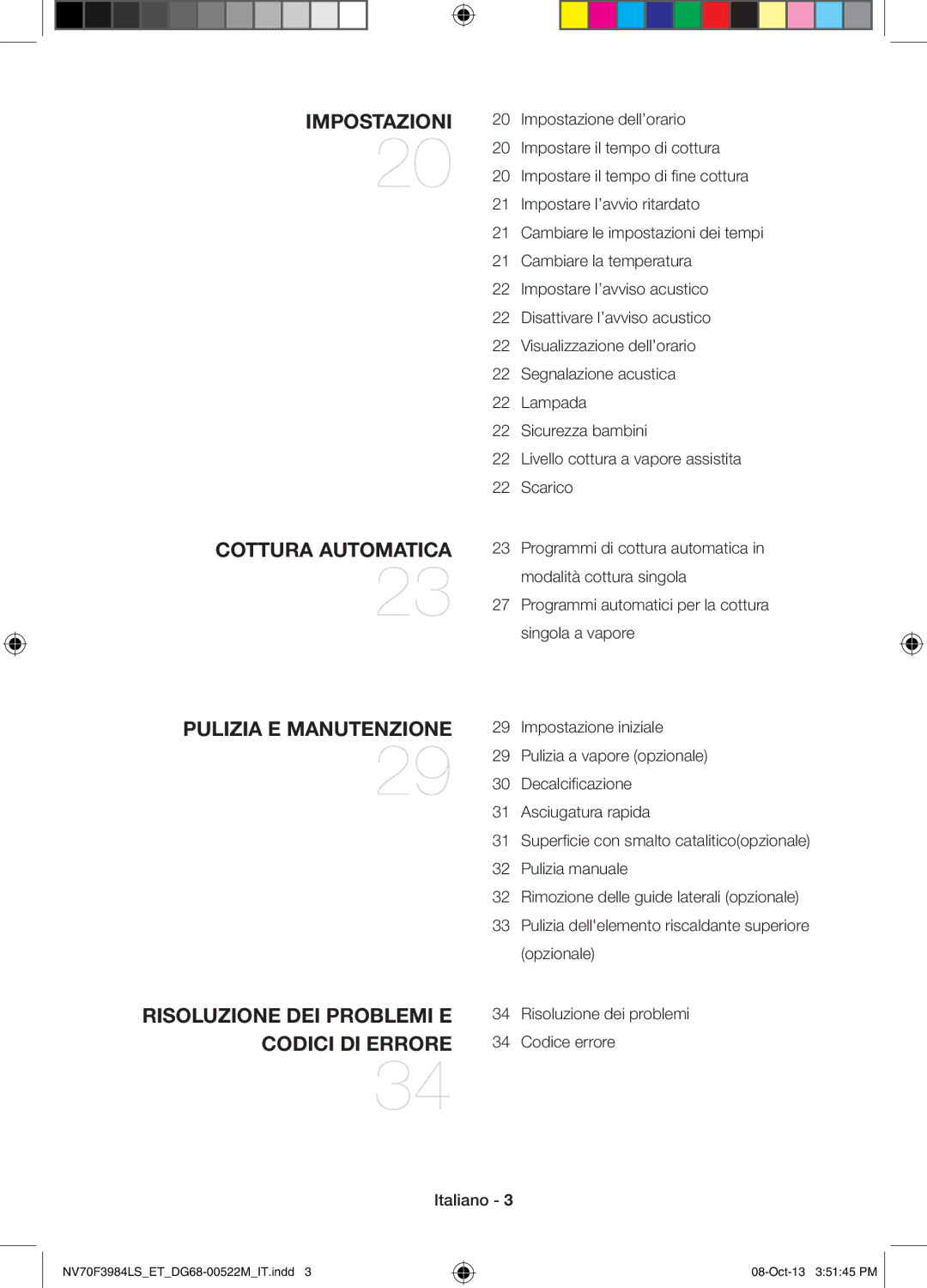 Samsung NV70F3984LS/ET manual Impostazioni Cottura Automatica Pulizia E Manutenzione 