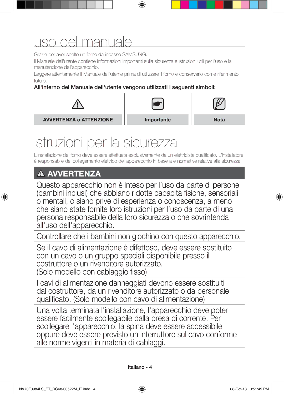 Samsung NV70F3984LS/ET Uso del manuale, Istruzioni per la sicurezza, Avvertenza o Attenzione Importante Nota 