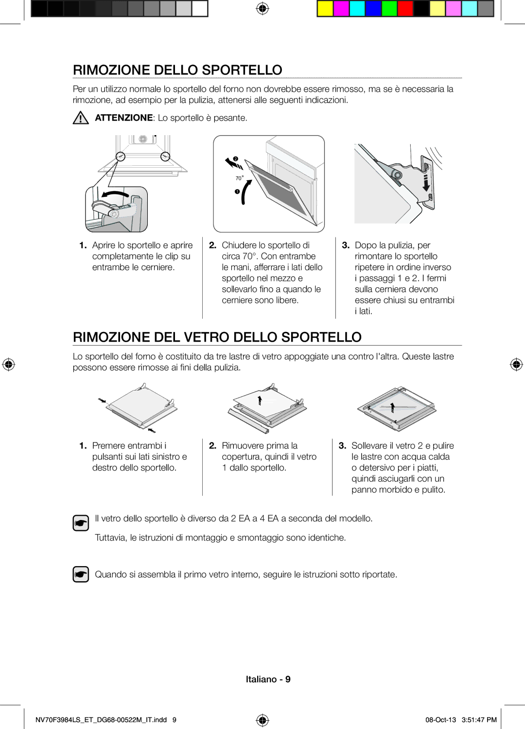 Samsung NV70F3984LS/ET manual Rimozione Dello Sportello, Rimozione DEL Vetro Dello Sportello, Lati 