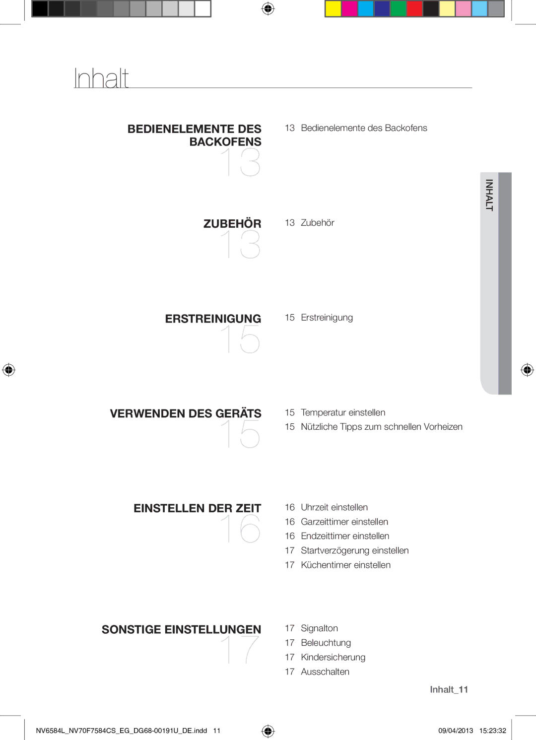 Samsung NV6584LNESR/EG, NV70F7584CS/EG manual Inhalt11 