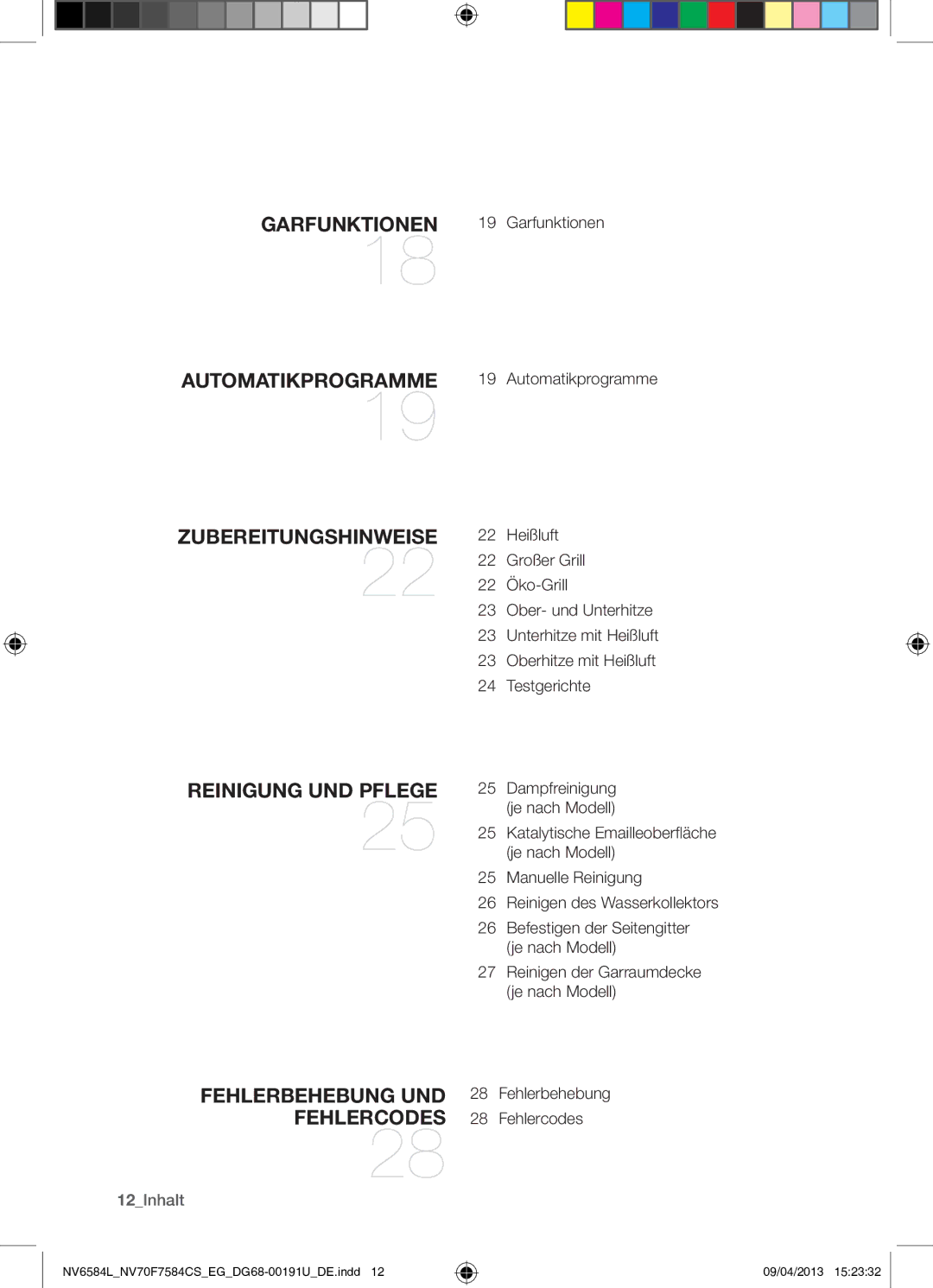 Samsung NV70F7584CS/EG manual Garfunktionen, Automatikprogramme, 12Inhalt, Manuelle Reinigung Reinigen des Wasserkollektors 