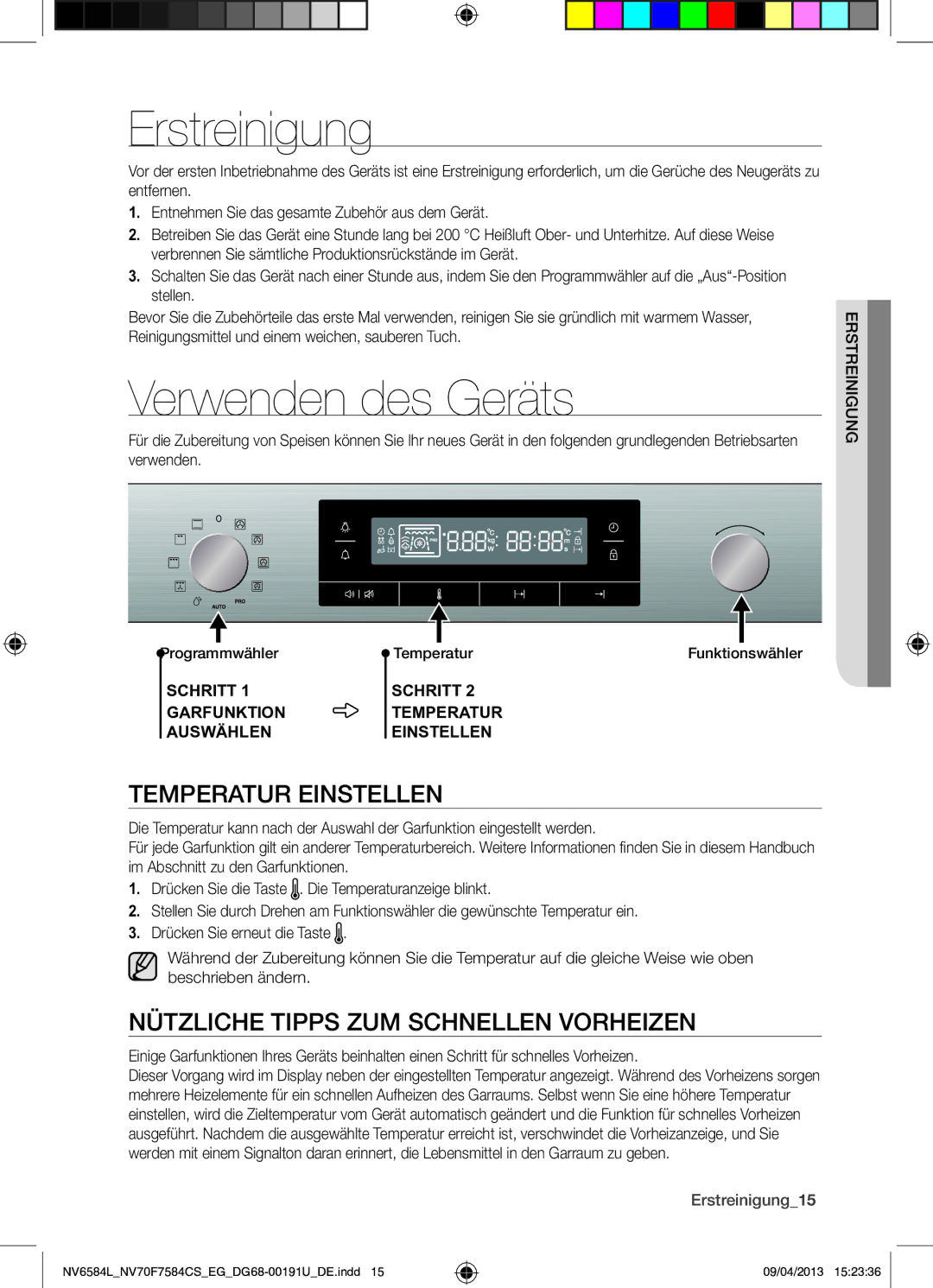 Samsung NV6584LNESR/EG Erstreinigung, Verwenden des Geräts, Temperatur Einstellen, Nützliche Tipps ZUM Schnellen Vorheizen 