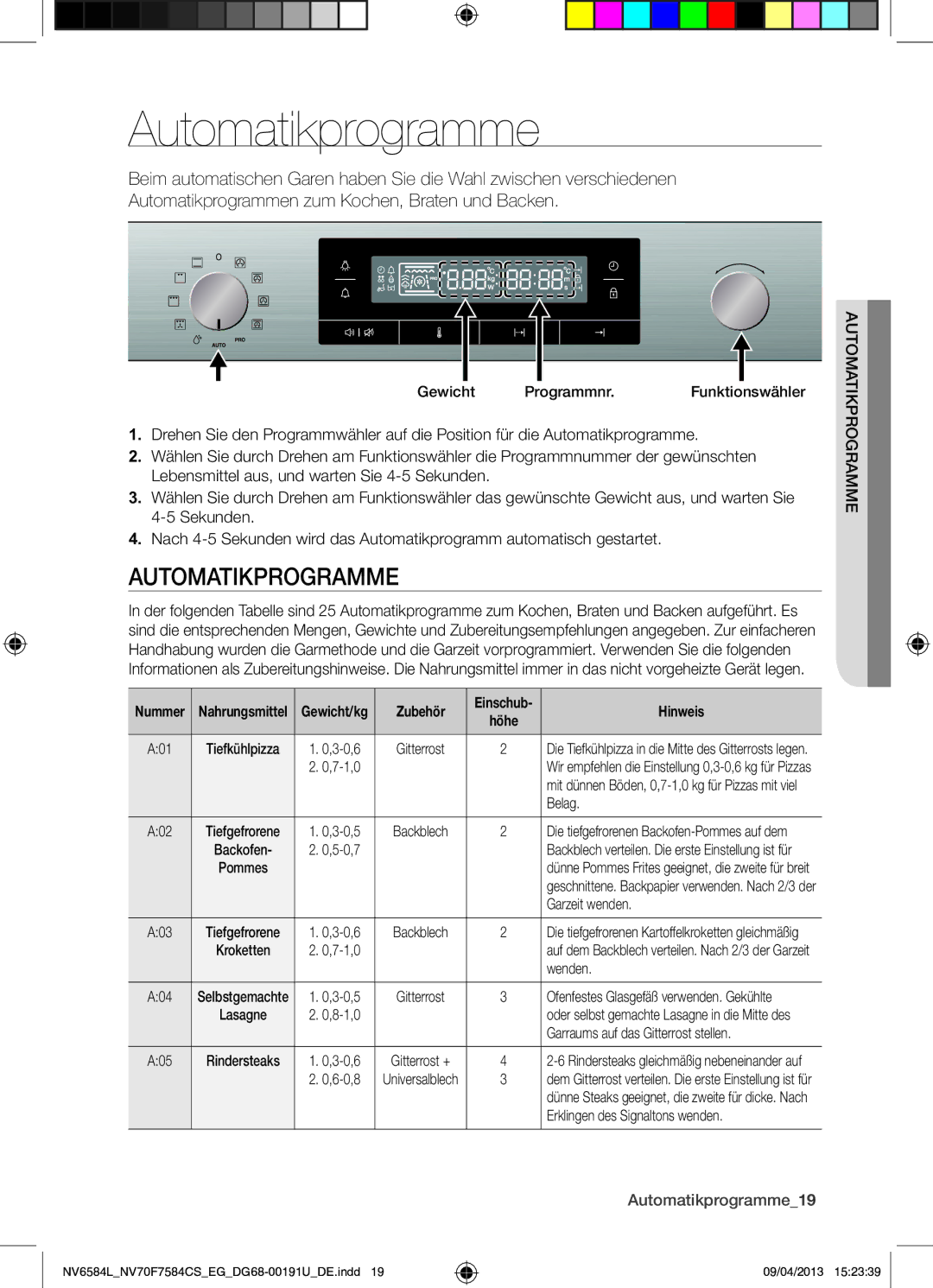 Samsung NV6584LNESR/EG, NV70F7584CS/EG manual Rorammeikp Automat, Automatikprogramme19 