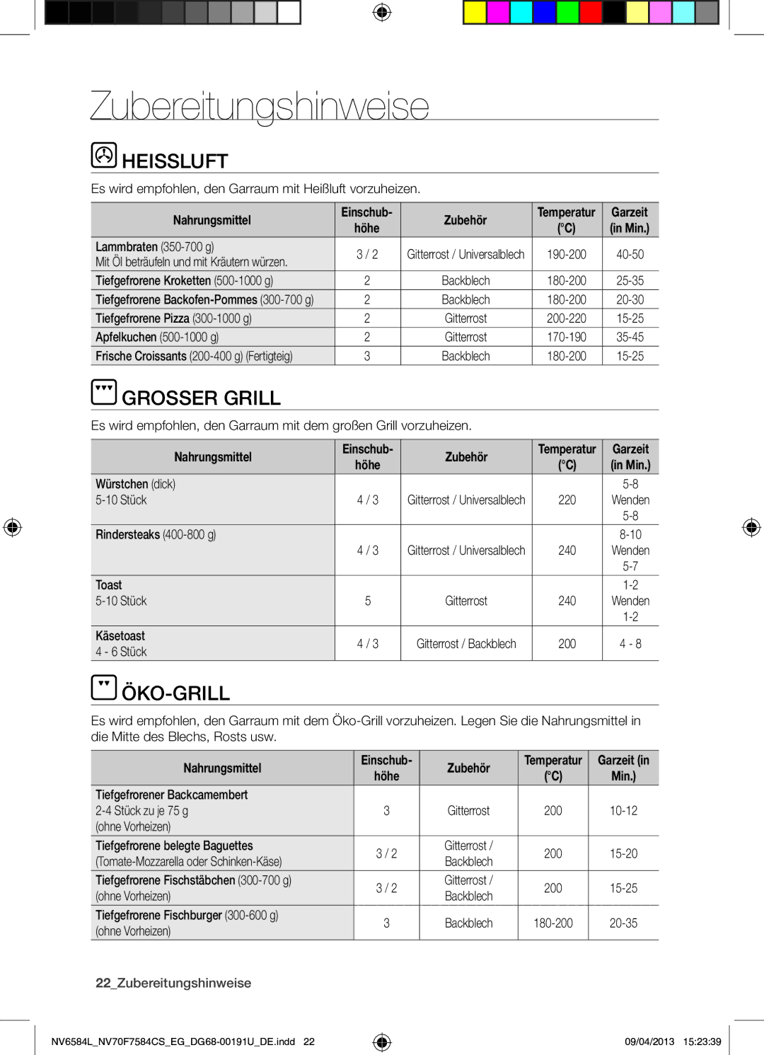 Samsung NV70F7584CS/EG, NV6584LNESR/EG manual Zubereitungshinweise, Heissluft, Grosser Grill, Öko-Grill 