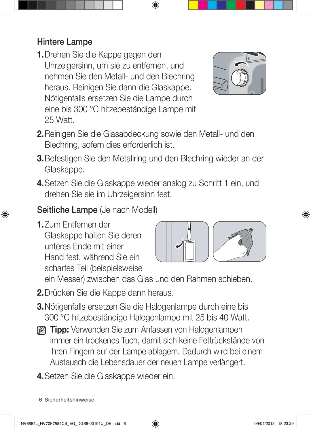 Samsung NV70F7584CS/EG, NV6584LNESR/EG manual Hintere Lampe, 6Sicherheitshinweise 