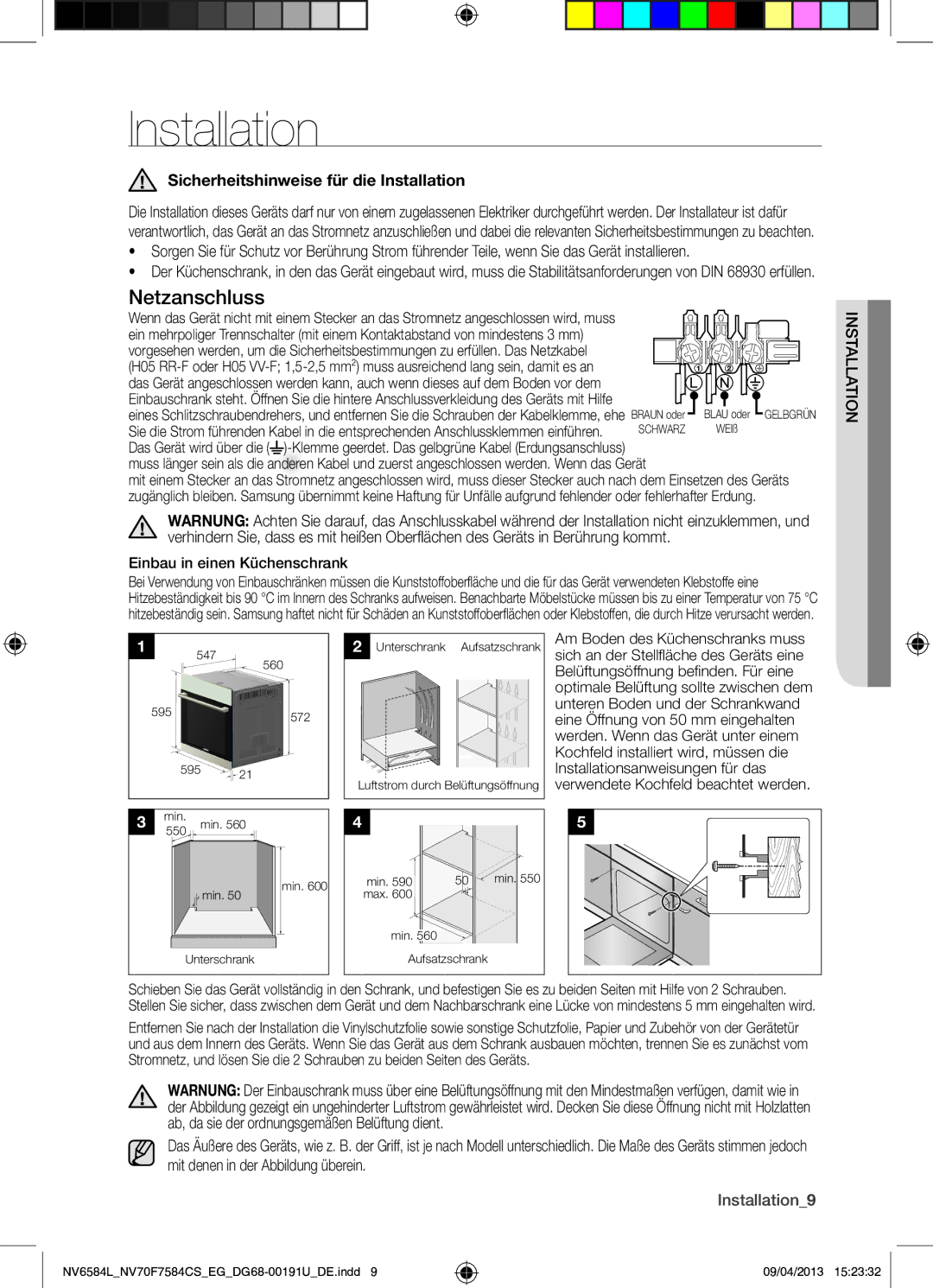 Samsung NV6584LNESR/EG, NV70F7584CS/EG manual Sicherheitshinweise für die Installation, Io Installat, Installation9 