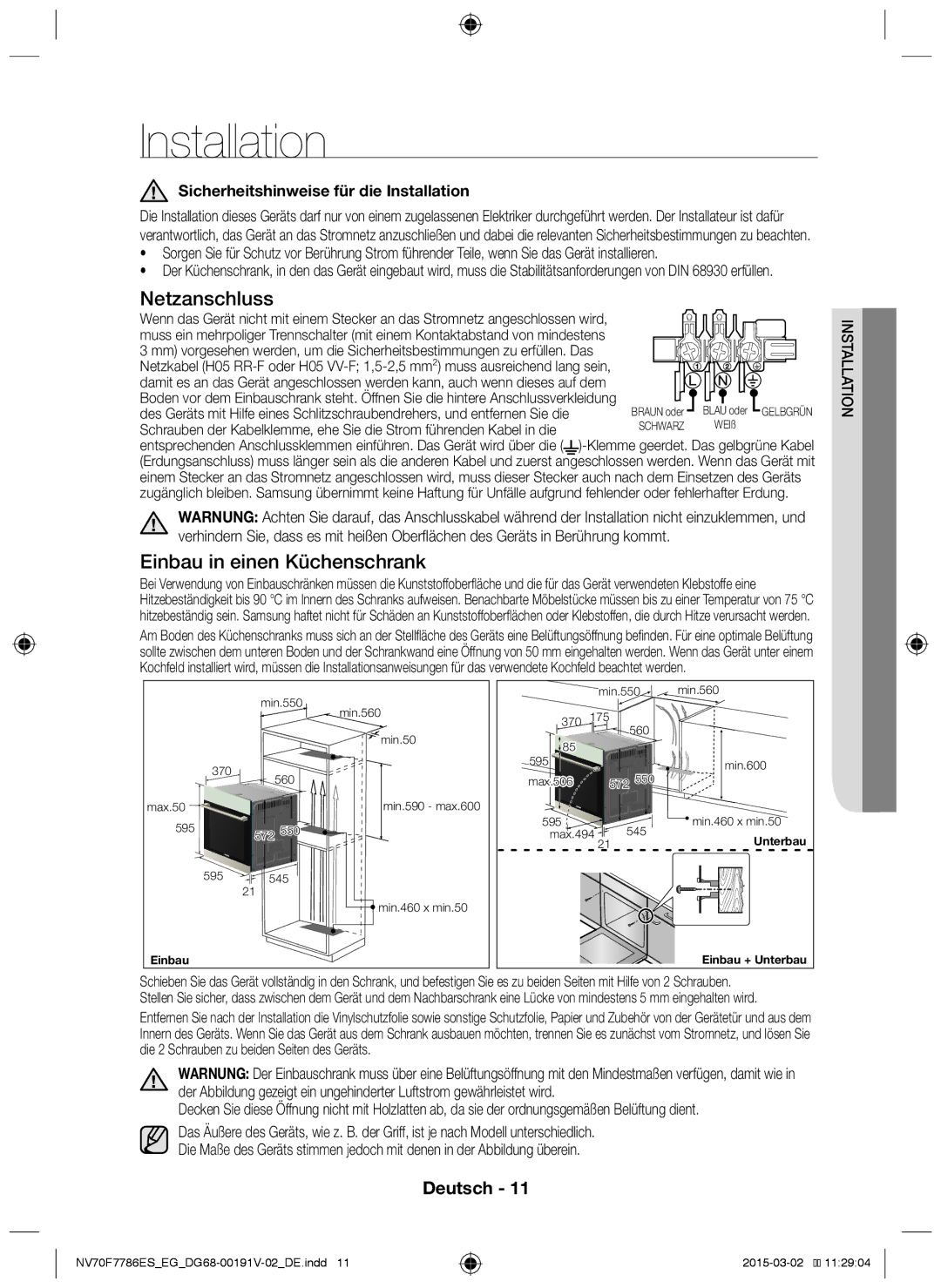 Samsung NV70F7786ES/EG manual Sicherheitshinweise für die Installation, Io Installat 