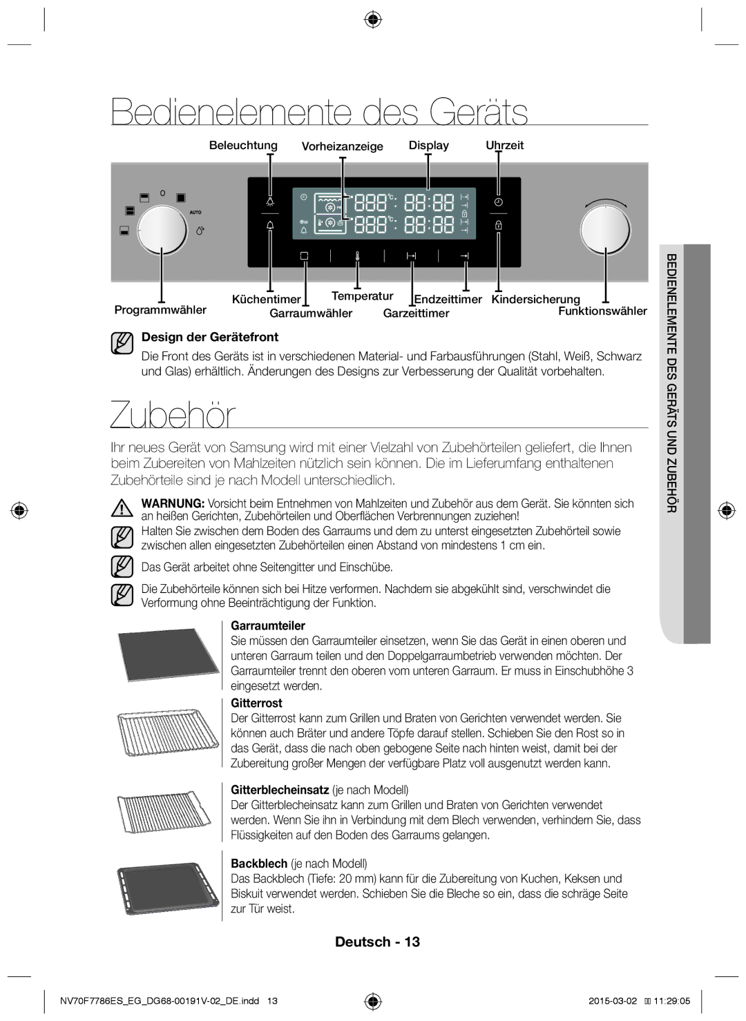 Samsung NV70F7786ES/EG manual Bedienelemente des Geräts, Zubehör 