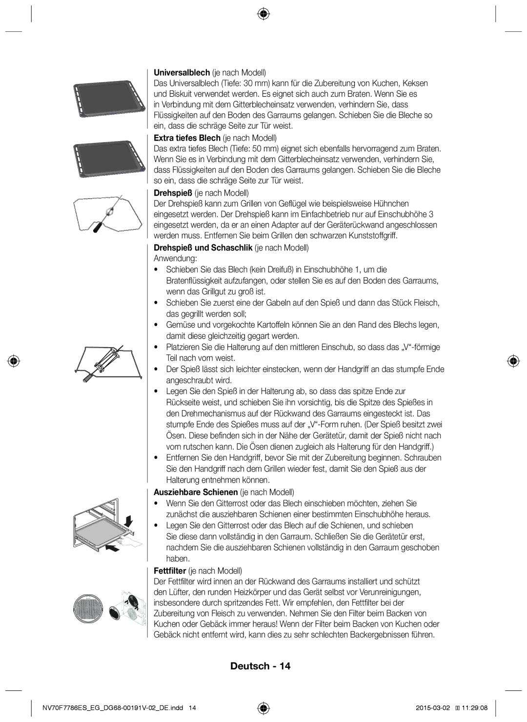 Samsung NV70F7786ES/EG manual Universalblech je nach Modell, Extra tiefes Blech je nach Modell, Drehspieß je nach Modell 