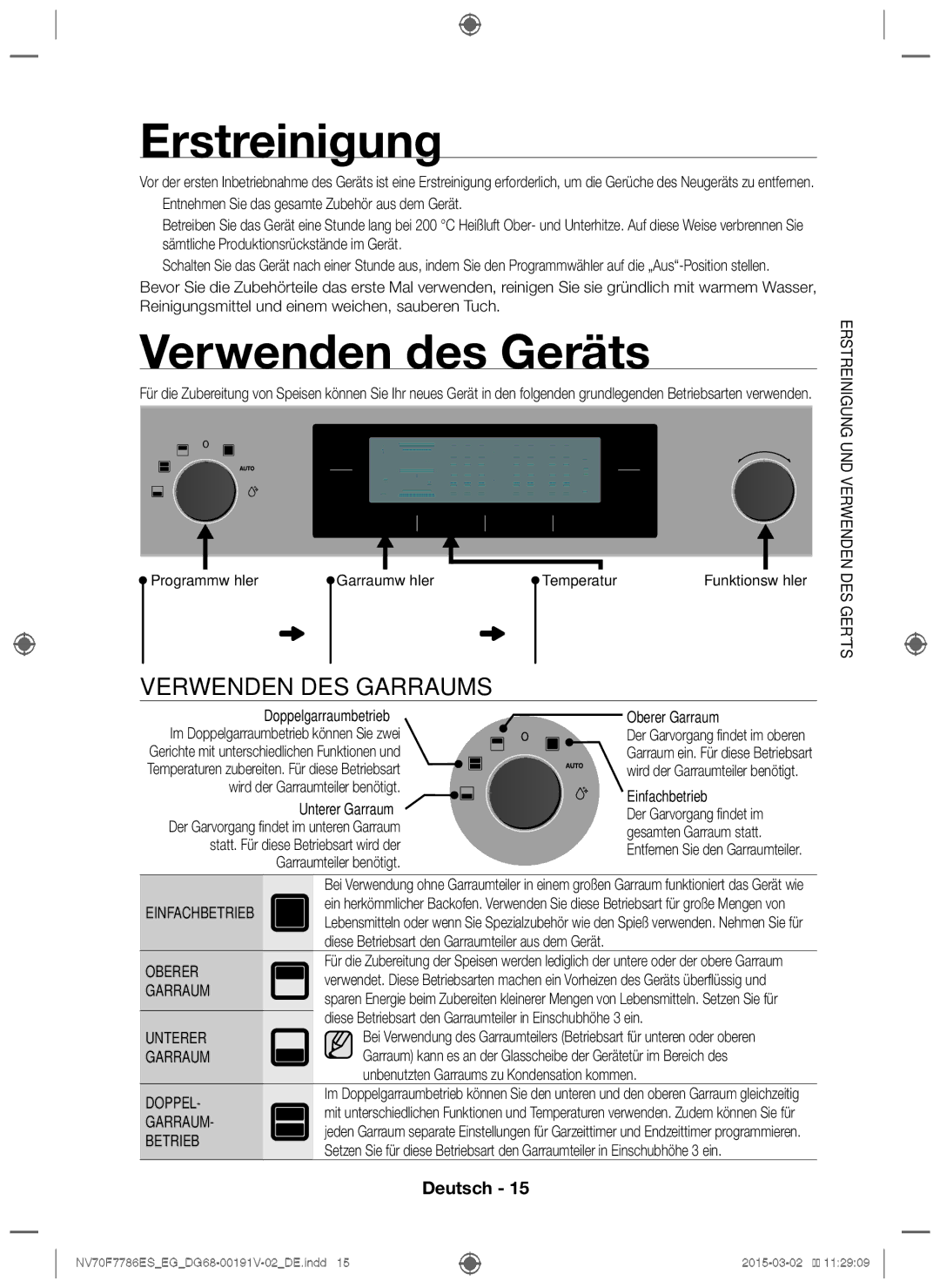 Samsung NV70F7786ES/EG manual Erstreinigung, Verwenden des Geräts, Verwenden DES Garraums 