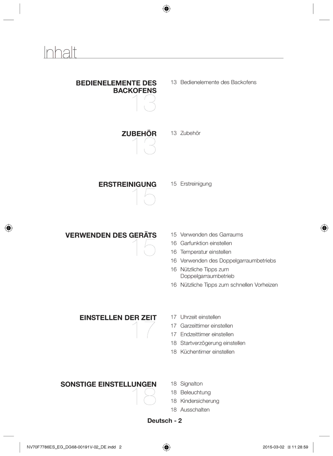 Samsung NV70F7786ES/EG manual Inhalt, Zubehör, Erstreinigung, Bedienelemente des Backofens 