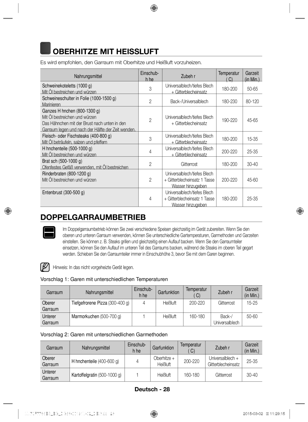 Samsung NV70F7786ES/EG manual Oberhitze MIT Heissluft, Doppelgarraumbetrieb, Garraum Nahrungsmittel 