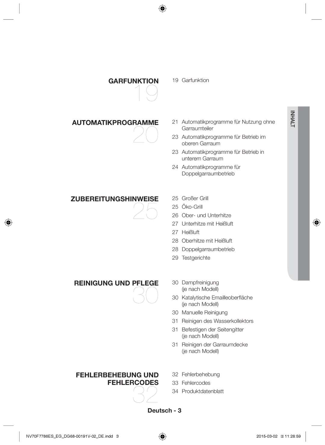 Samsung NV70F7786ES/EG manual Garfunktion, Manuelle Reinigung Reinigen des Wasserkollektors, Inhalt 