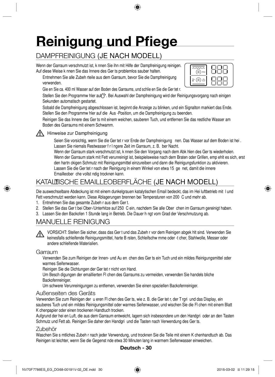 Samsung NV70F7786ES/EG Reinigung und Pflege, Dampfreinigung JE Nach Modell, Katalytische Emailleoberfläche JE Nach Modell 