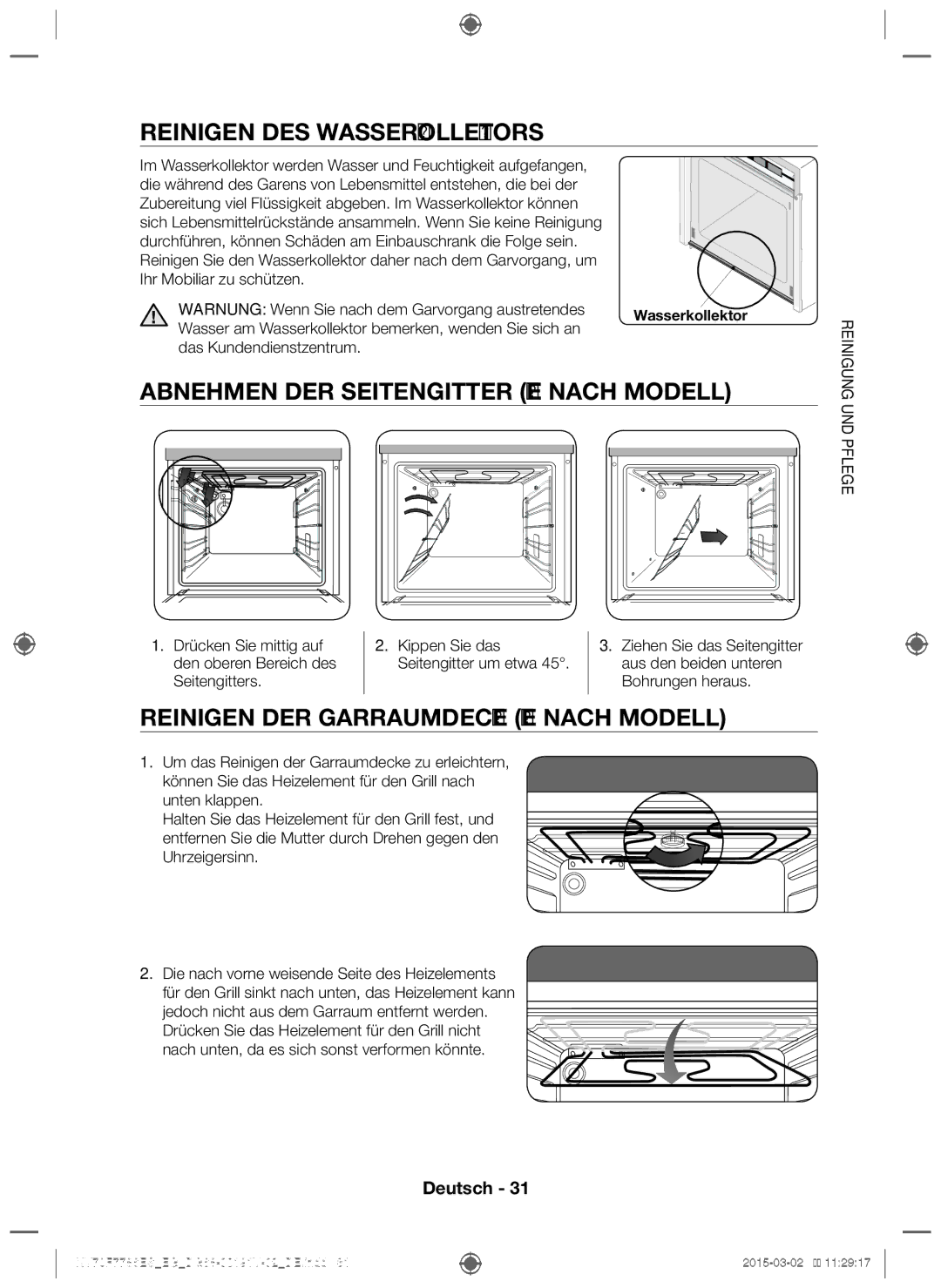 Samsung NV70F7786ES/EG manual Reinigen DES Wasserkollektors, Abnehmen DER Seitengitter JE Nach Modell 