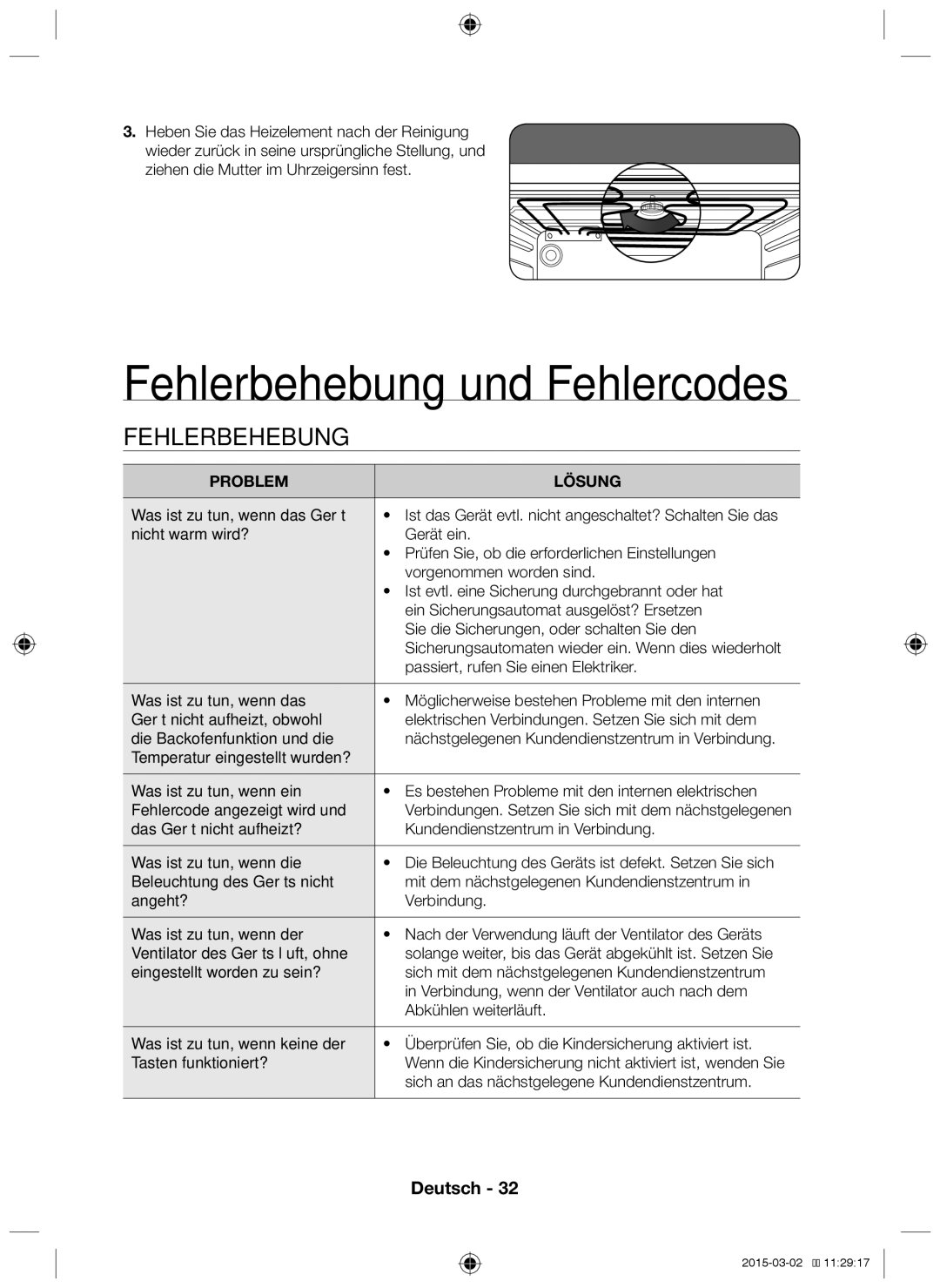 Samsung NV70F7786ES/EG manual Fehlerbehebung und Fehlercodes, Sich an das nächstgelegene Kundendienstzentrum 