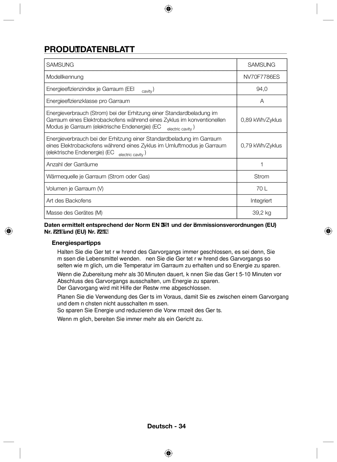 Samsung NV70F7786ES/EG manual Produktdatenblatt, Modellkennung,  Energiespartipps, 89 kWh/Zyklus, 79 kWh/Zyklus 