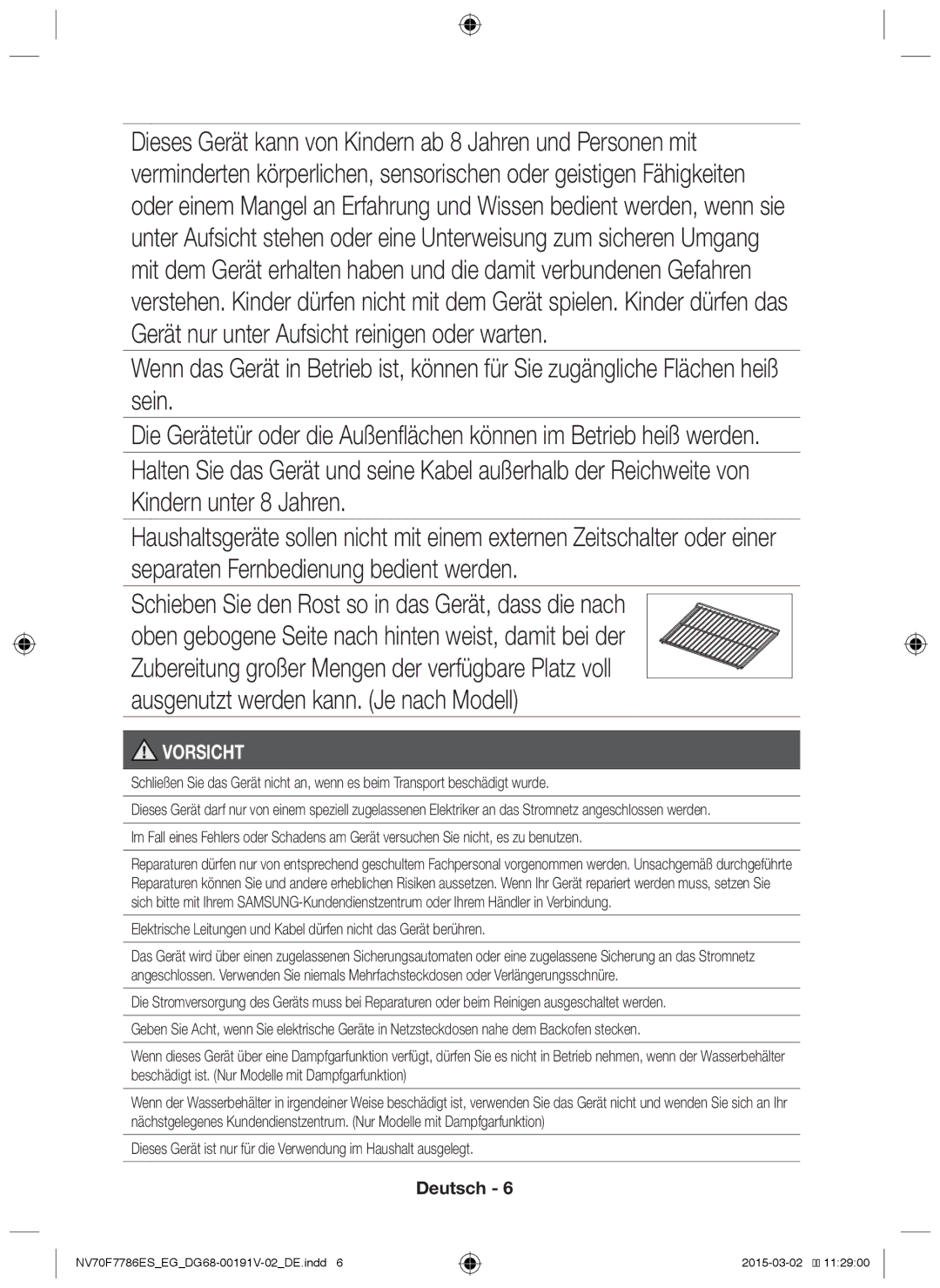 Samsung NV70F7786ES/EG manual Vorsicht 