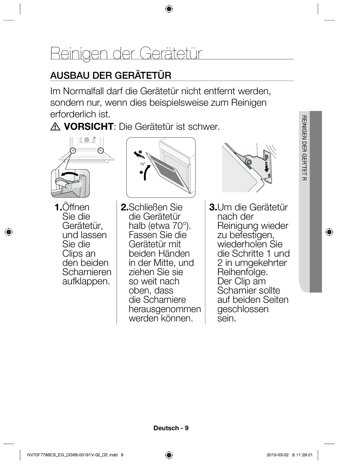 Samsung NV70F7786ES/EG manual Reinigen der Gerätetür, Etür rätGere d eng Reini 