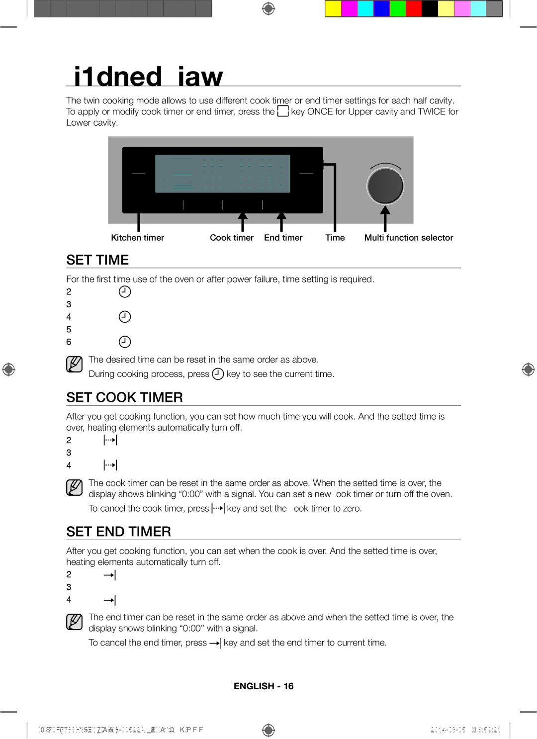 Samsung NV70F7786HS/EU manual Time setting, Set time, Set cook timer, Set end timer 