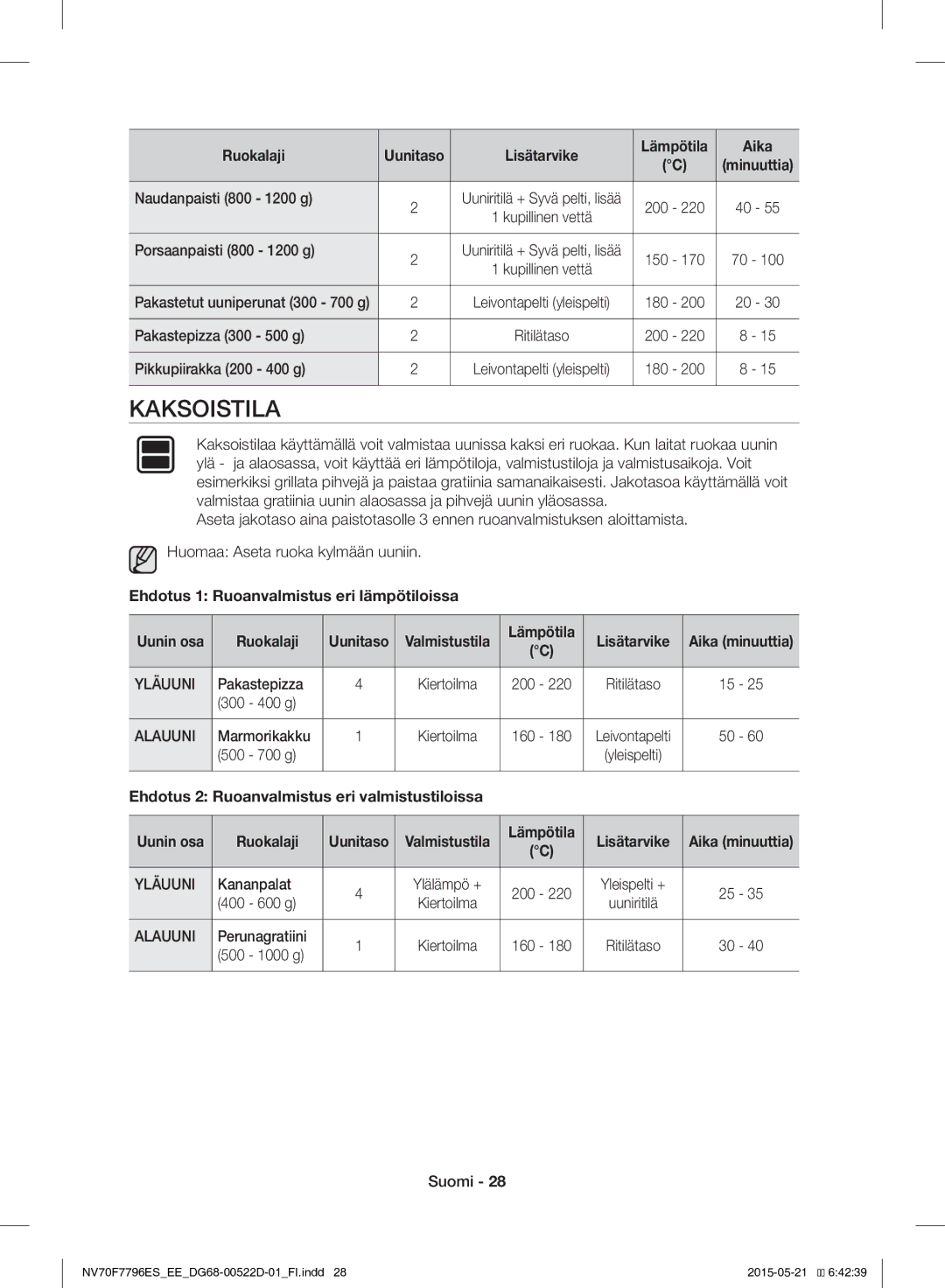 Samsung NV70F7796ES/EE manual Kaksoistila, Ehdotus 1 Ruoanvalmistus eri lämpötiloissa, Yläuuni, Alauuni 