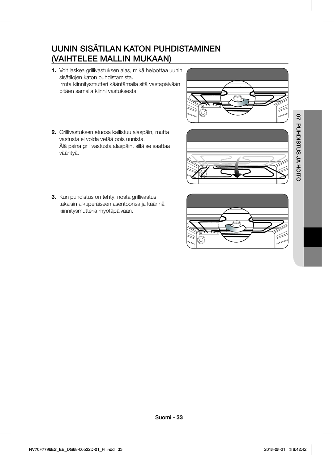 Samsung NV70F7796ES/EE manual Uunin Sisätilan Katon Puhdistaminen Vaihtelee Mallin Mukaan 