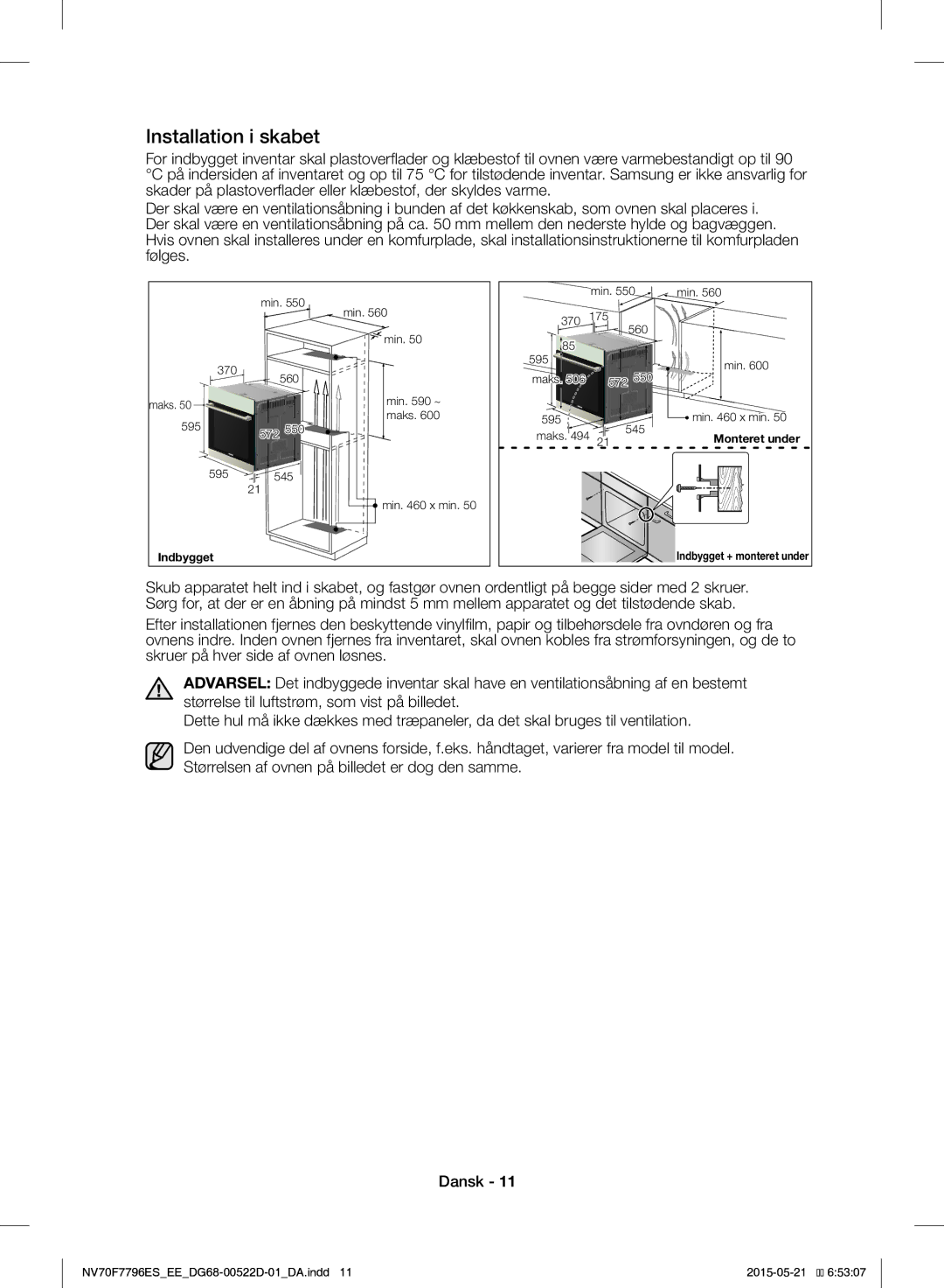 Samsung NV70F7796ES/EE manual Installation i skabet 