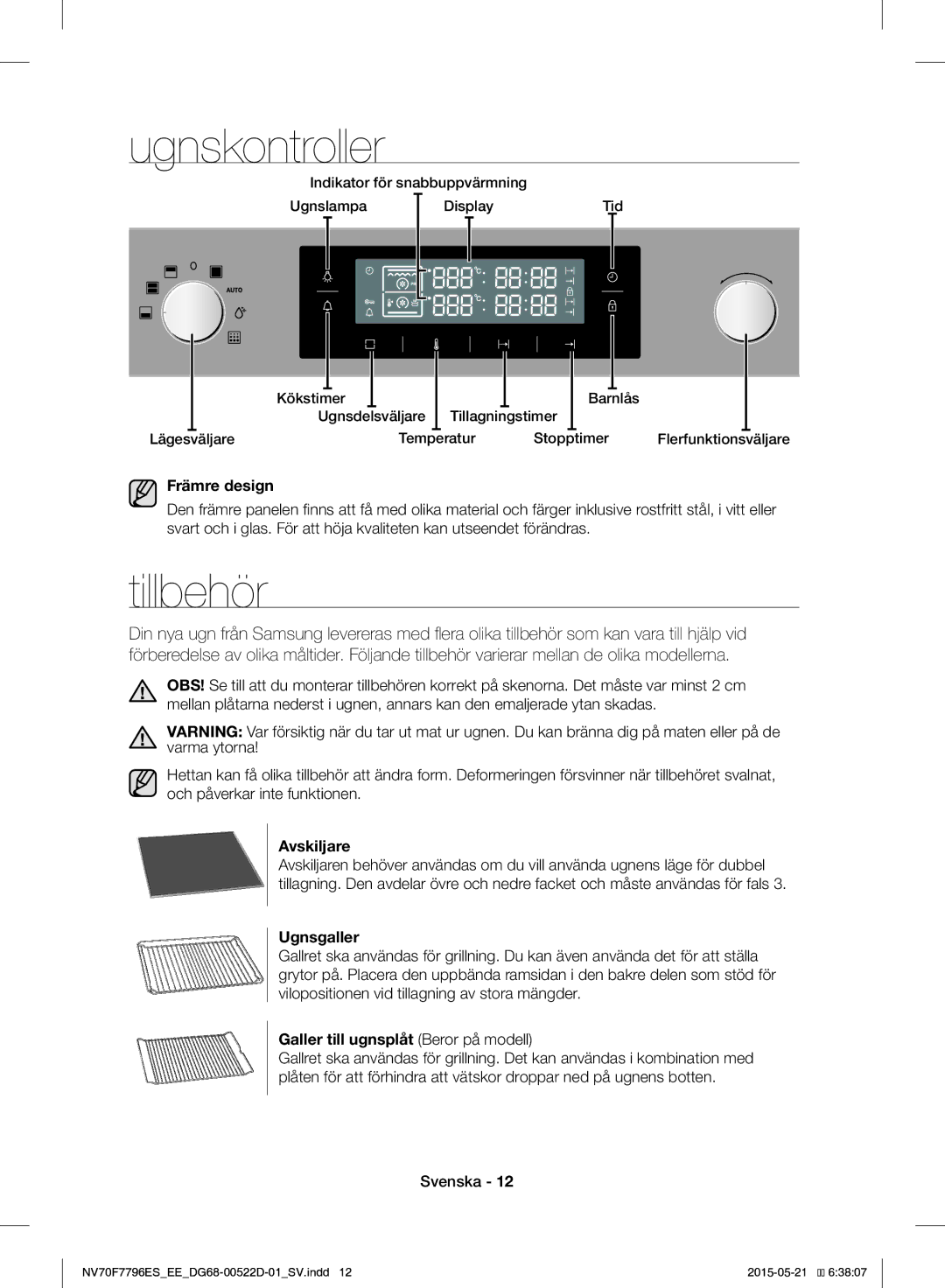 Samsung NV70F7796ES/EE manual Ugnskontroller, Tillbehör 