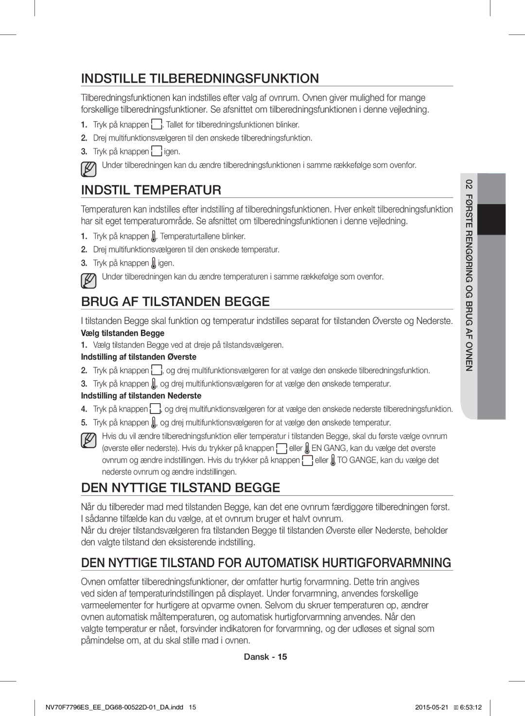 Samsung NV70F7796ES/EE manual Indstille Tilberedningsfunktion, Indstil Temperatur, Brug AF Tilstanden Begge 