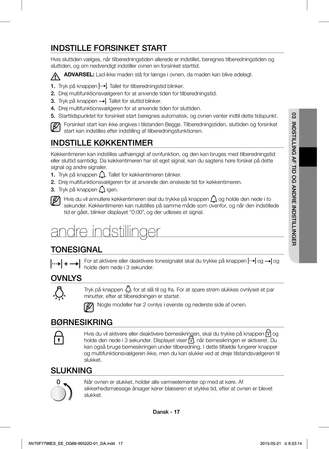 Samsung NV70F7796ES/EE manual Andre indstillinger 