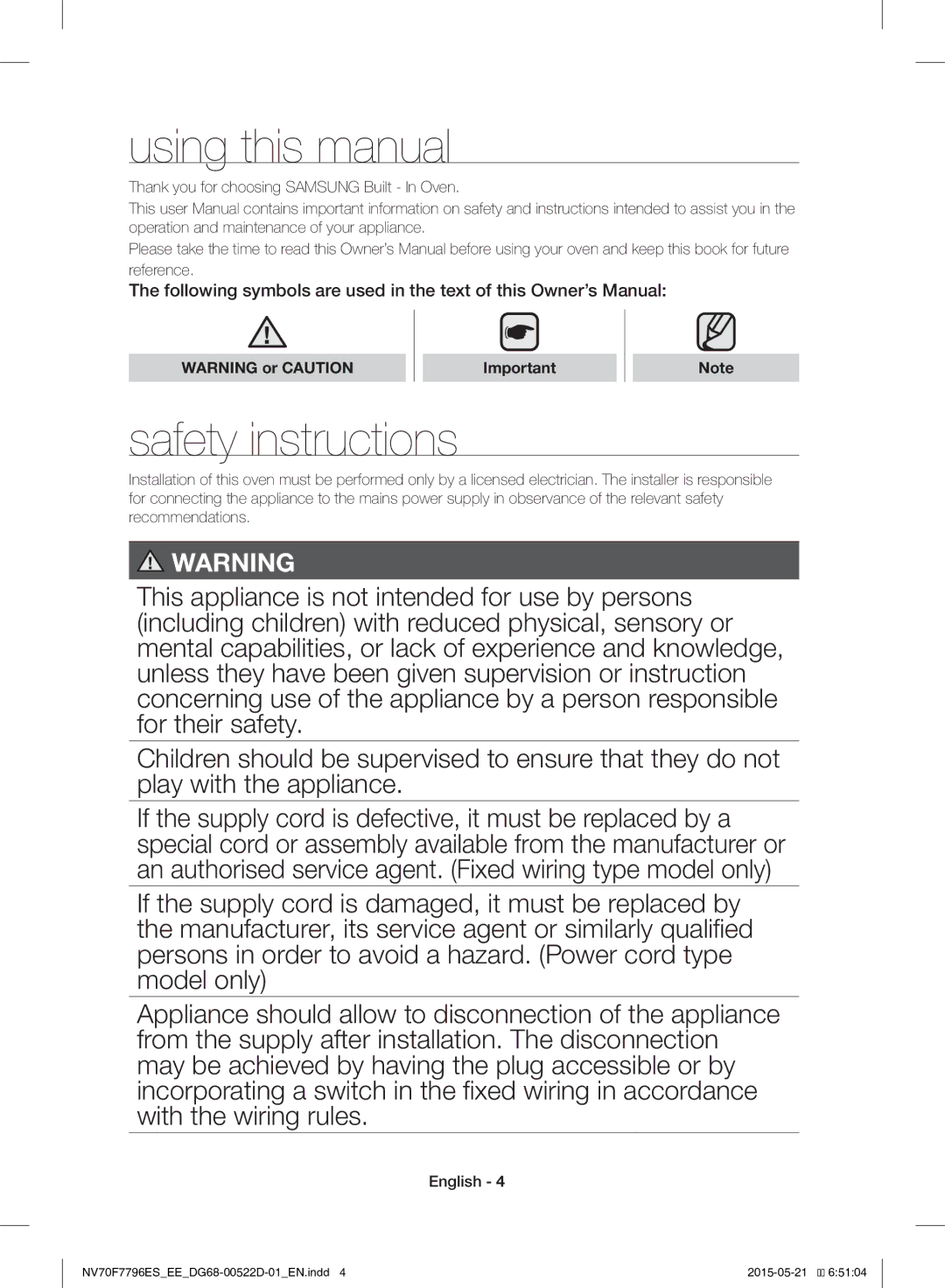 Samsung NV70F7796ES/EE Using this manual, Safety instructions, Thank you for choosing Samsung Built In Oven 