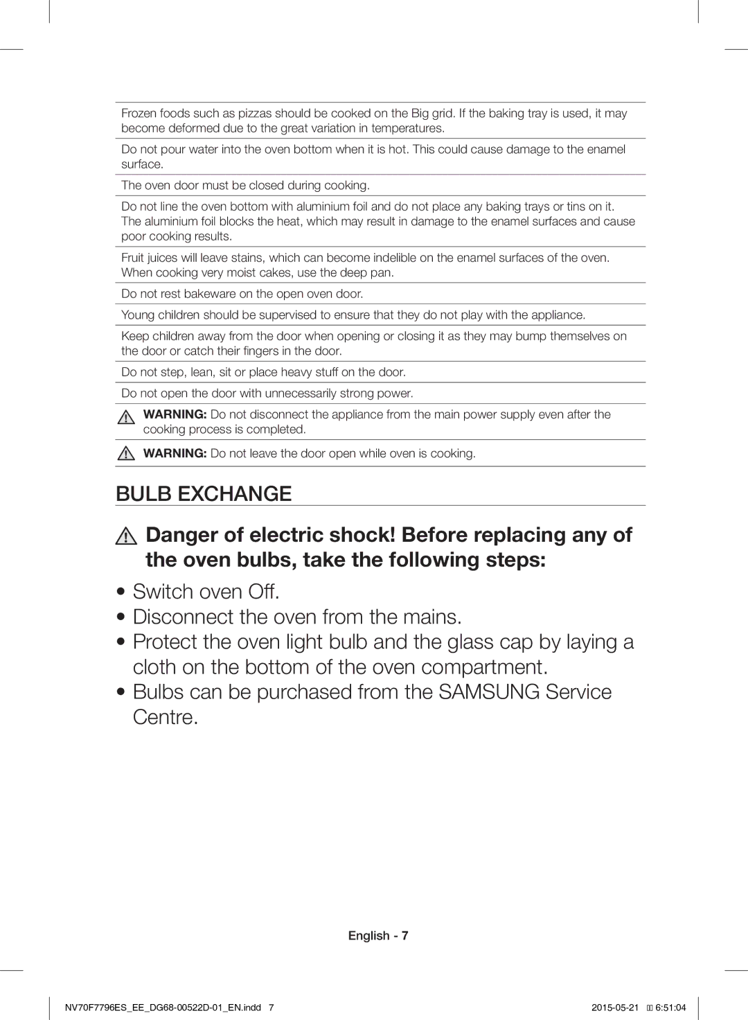 Samsung NV70F7796ES/EE manual Bulb Exchange 