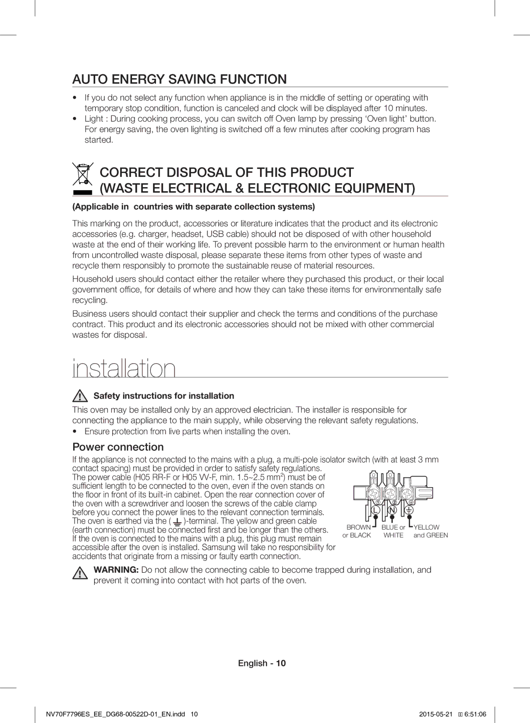 Samsung NV70F7796ES/EE manual Auto Energy Saving Function, Power connection, Safety instructions for installation 