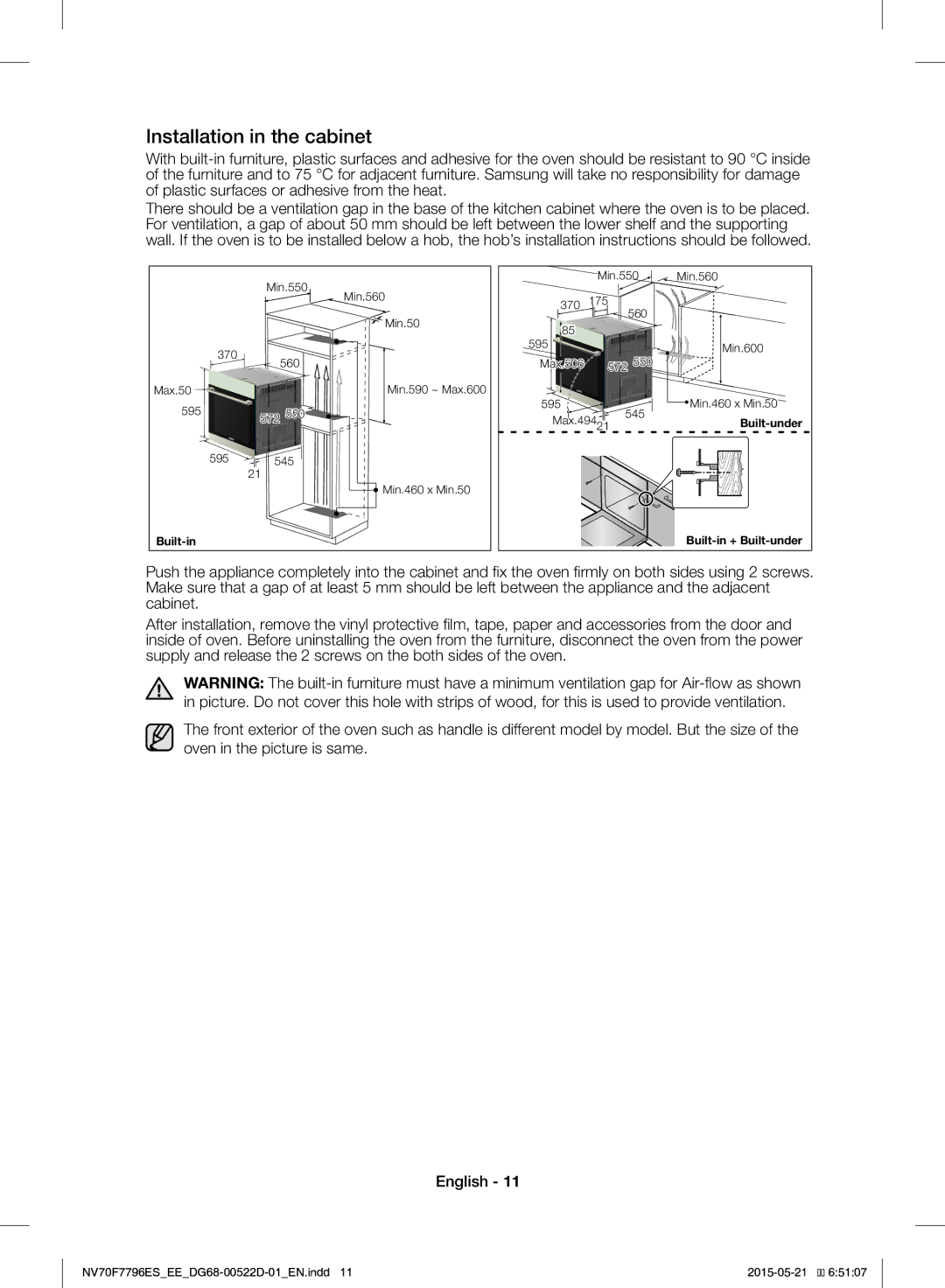 Samsung NV70F7796ES/EE manual Installation in the cabinet 