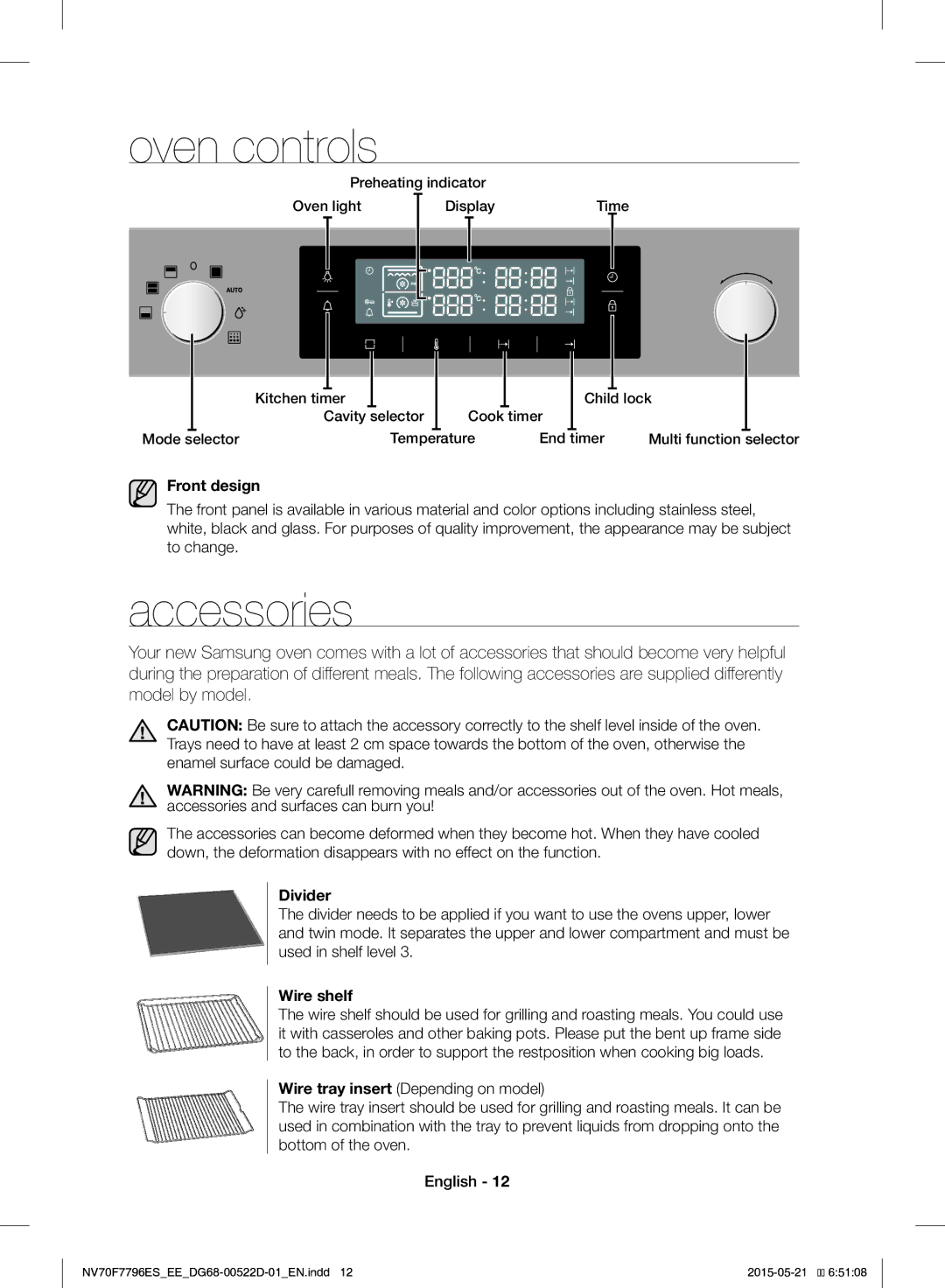 Samsung NV70F7796ES/EE manual Oven controls, Accessories, Front design, Divider, Wire shelf 