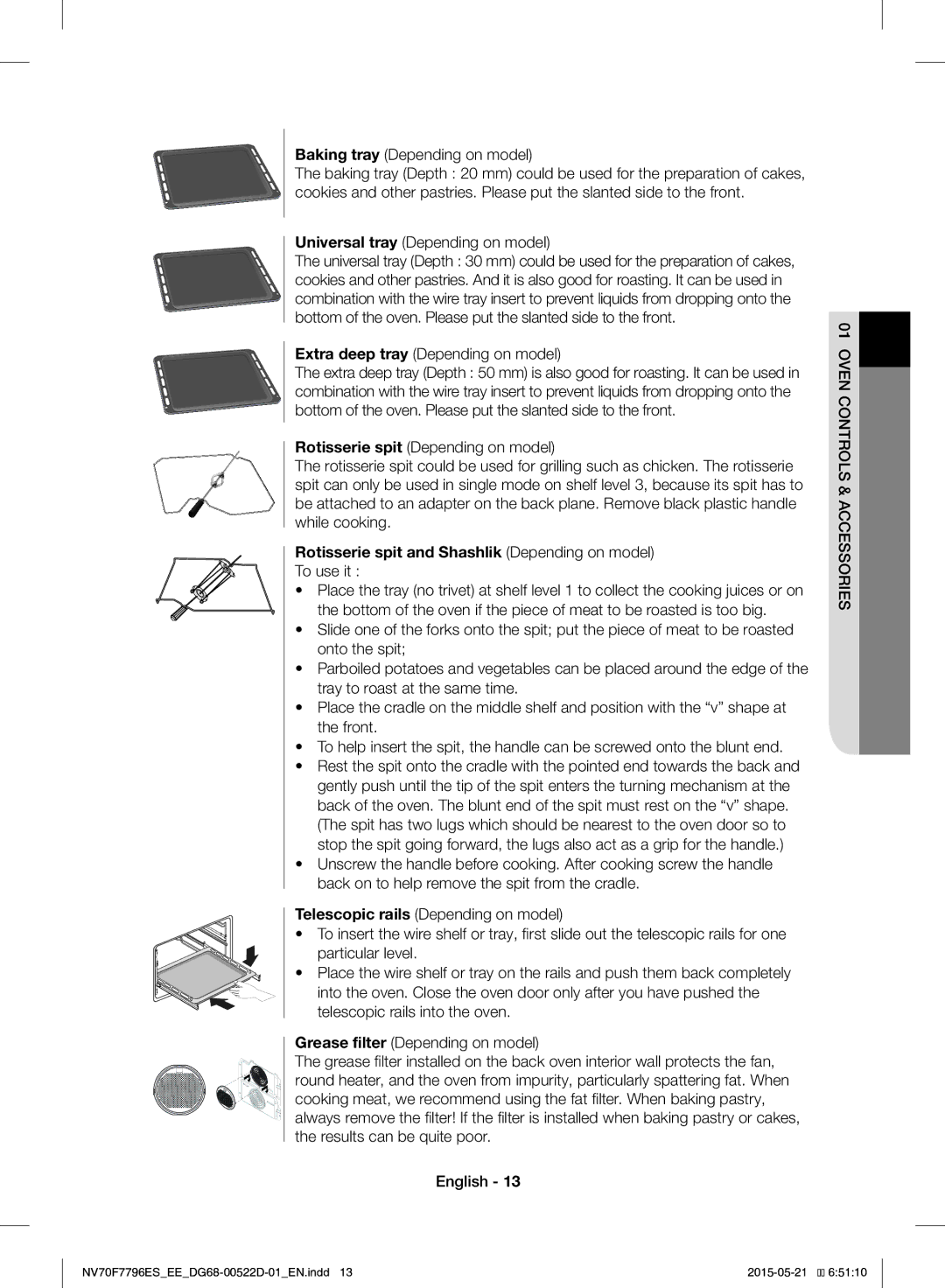 Samsung NV70F7796ES/EE Baking tray Depending on model, Universal tray Depending on model, Oven Controls & Accessories 